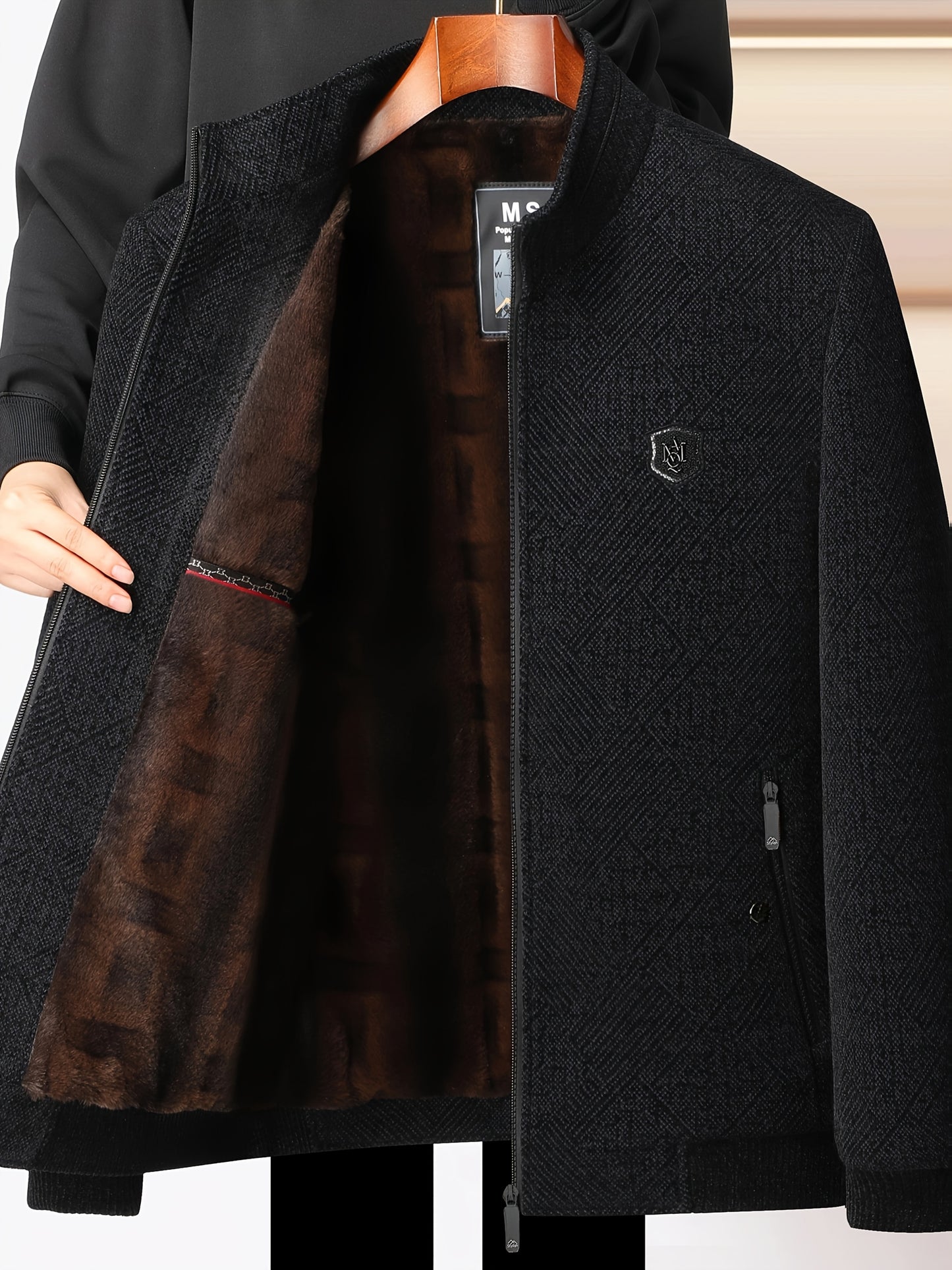 [OBM Winter Coat for Mature Men] Lisen Men's Winter Luxury Plush Jacket - Full-Zip Stand Collar Coat, Black/Brown/Beige Interior, Golden-Tone Logo, Hand Washable Soft Outerwear for Cold Weather & Formal/Casual