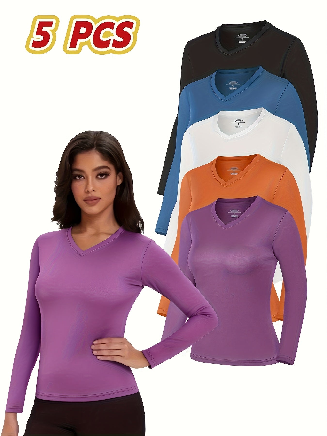 5pcs Women'S Long Sleeve T-Shirts - 100%, V-Neck, Medium Stretch, Moisture-Wicking & Breathable, Five Color Options For, Outdoor - Fall/Winter Collection, Shirts, Wear, Solid Color Top, Breathable Fabric
