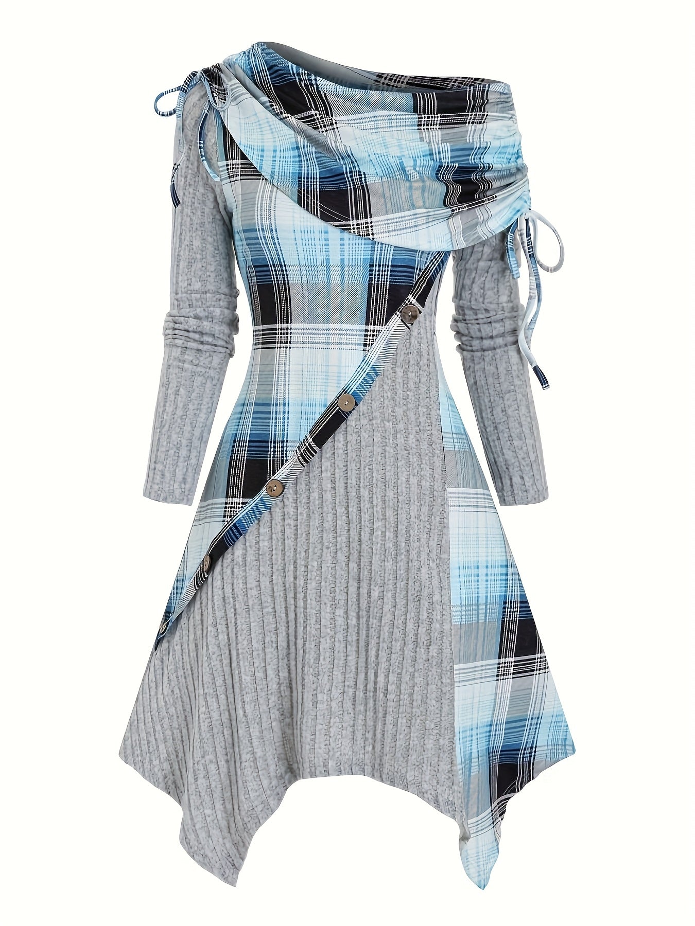 Women'S Oblique Collar Folded Tightened Plaid Stitching Hem Mid-length Long-sleeved Dress