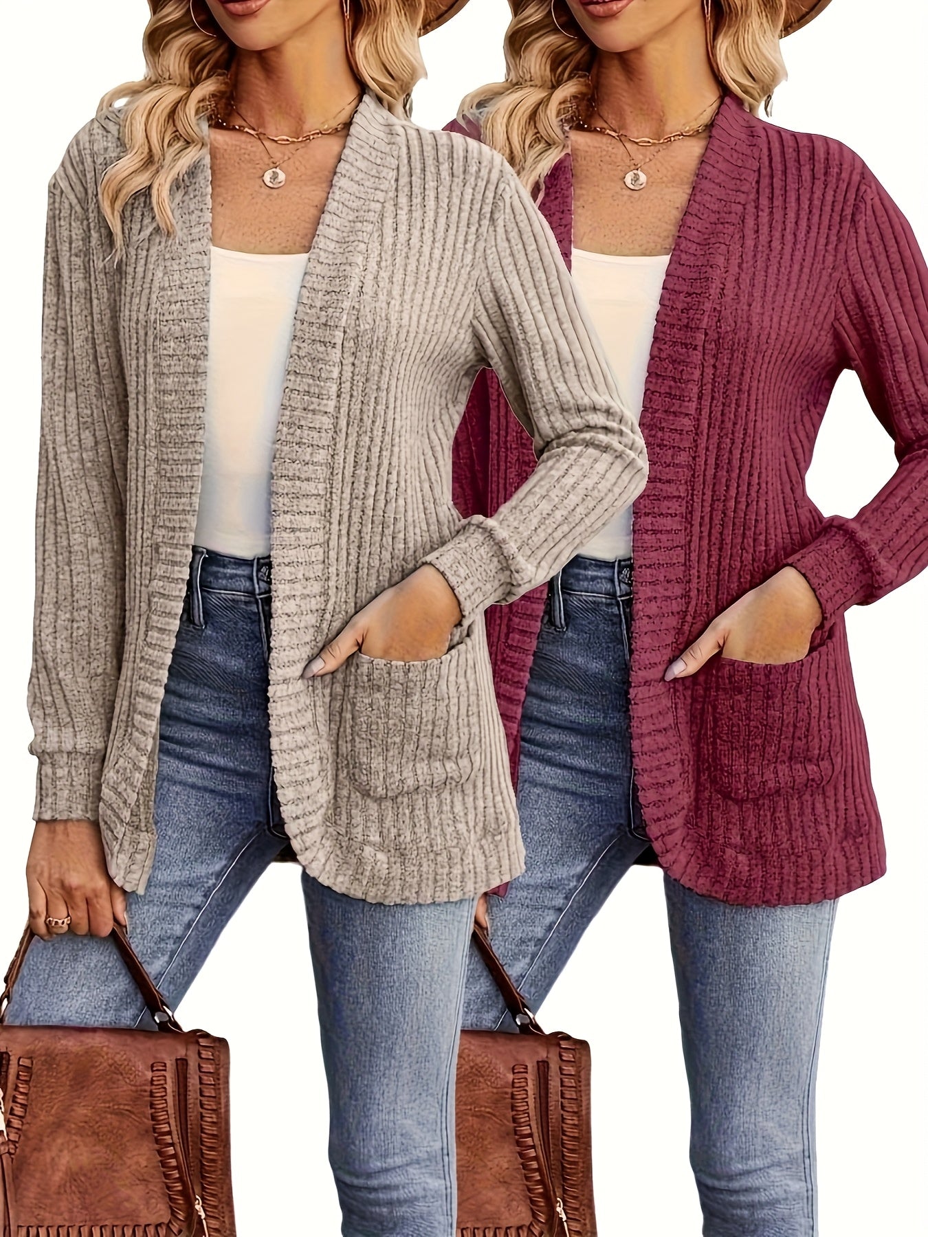 2-Pack Women's Casual Long Cardigan, Loose Simple Sweater with Pockets for Daily Wear and Holidays in Autumn/Winter