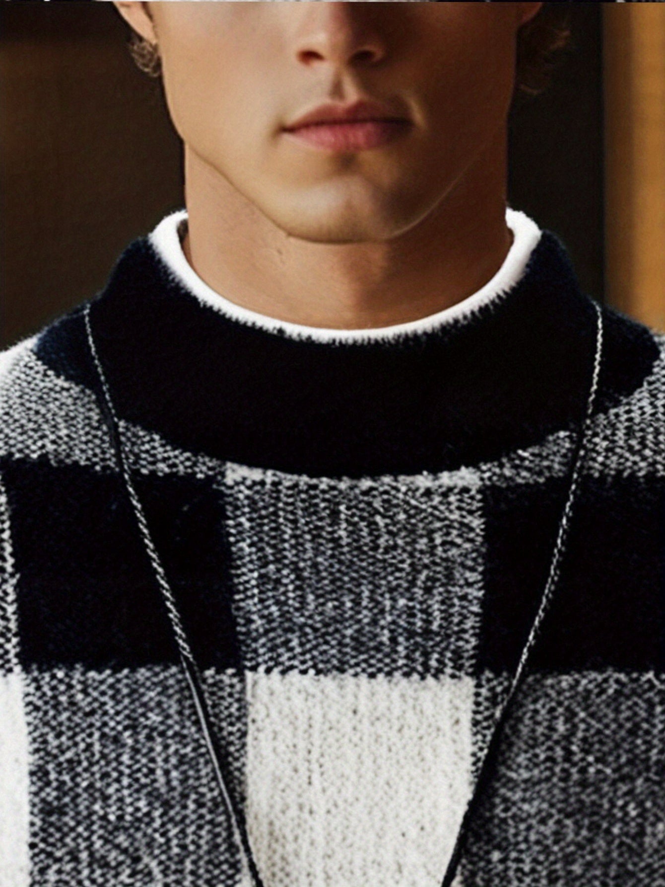 Men's Slim Fit Winter Warm Plaid Sweater - Thick Knit Round Neck Long Sleeve, Black White Gray Brown Beige Checkered Pattern, Casual to Formal Outfits, Durable Cozy Sweater for Men, Trendy Layering Piece with Color-Blocked De