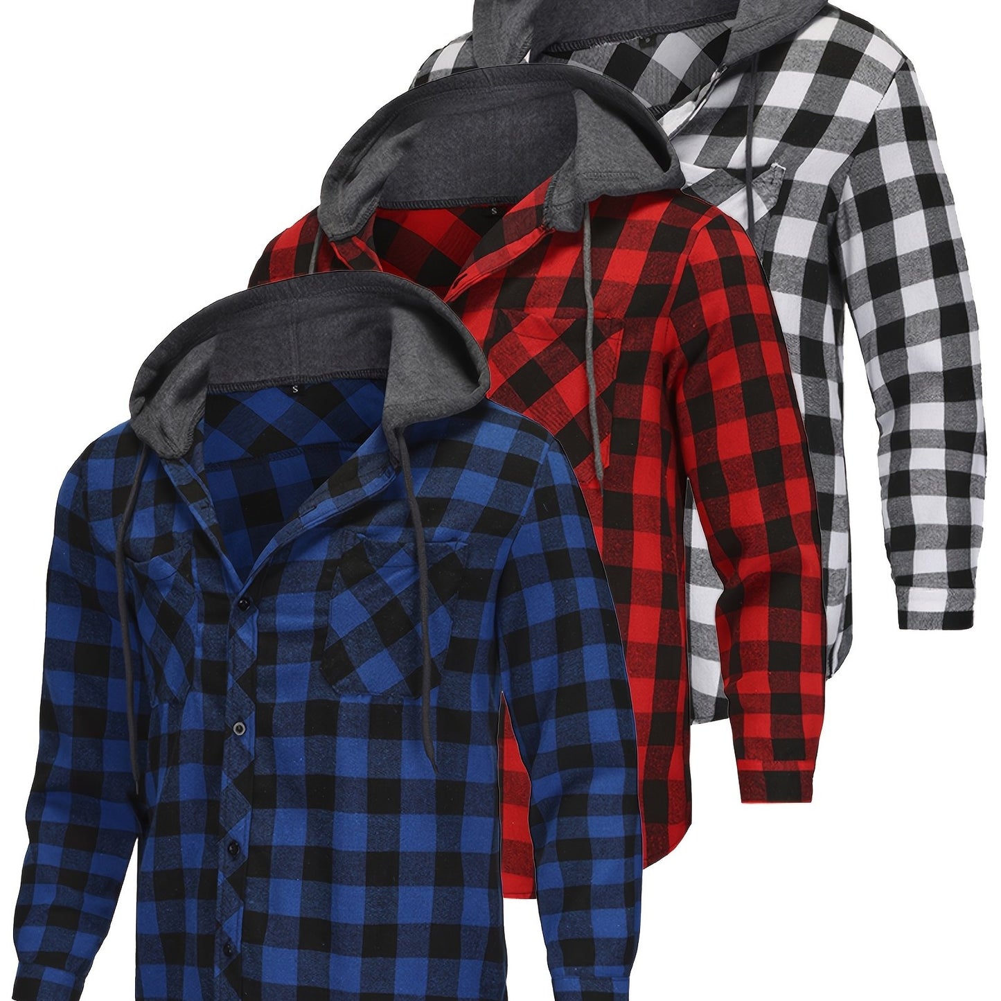 Black/Red/Blue 3 Pack Men's Flannel Hoodie Shirts - Casual Button- Long Sleeve Hooded Jackets with Pockets, Machine Washable, Regular Fit, Solid Color, Everyday Comfort Apparel, Plaid Pattern Design, Nonstretch Fabric