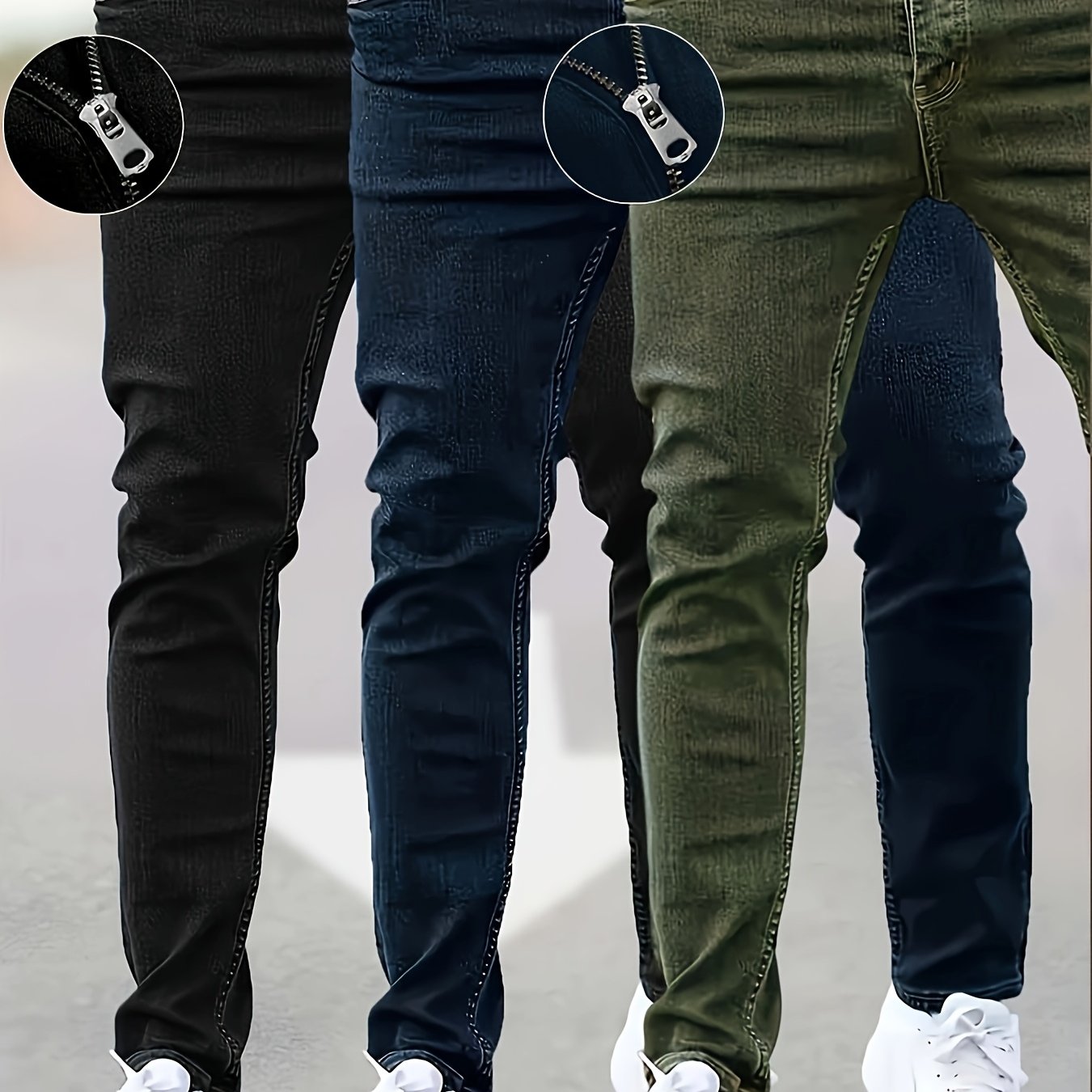 3 Packs - Cost-effective Men's Jeans - Street Style Trendy Slim Fit Men's Jeans - Wearable In All Seasons, Casual Wear Bottoms, Daily Outfit Essential, Regular Length Jeans, Solid Color Jeans, Street Style Enthusiasts, Budget