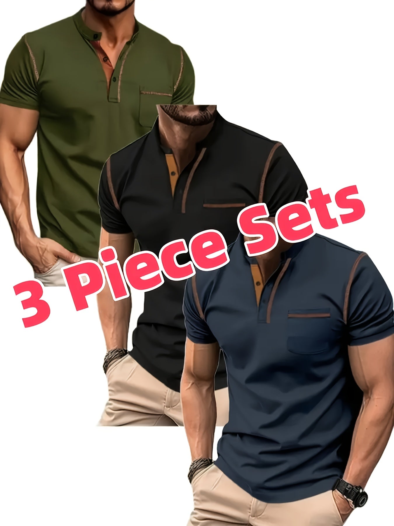 3pcs Men's Slim-Fit Golf & Tennis Shirts Breathable Stretchy Short Sleeve Contrast Collar All-Season Non-Sheer Sportswear Set