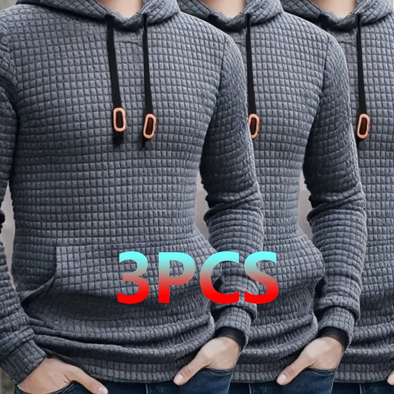 3pcs Set, Men's Waffle Hoodie Long Sleeved, Kangaroo Pocket Casual Sports Top, Suitable For Spring And Autumn