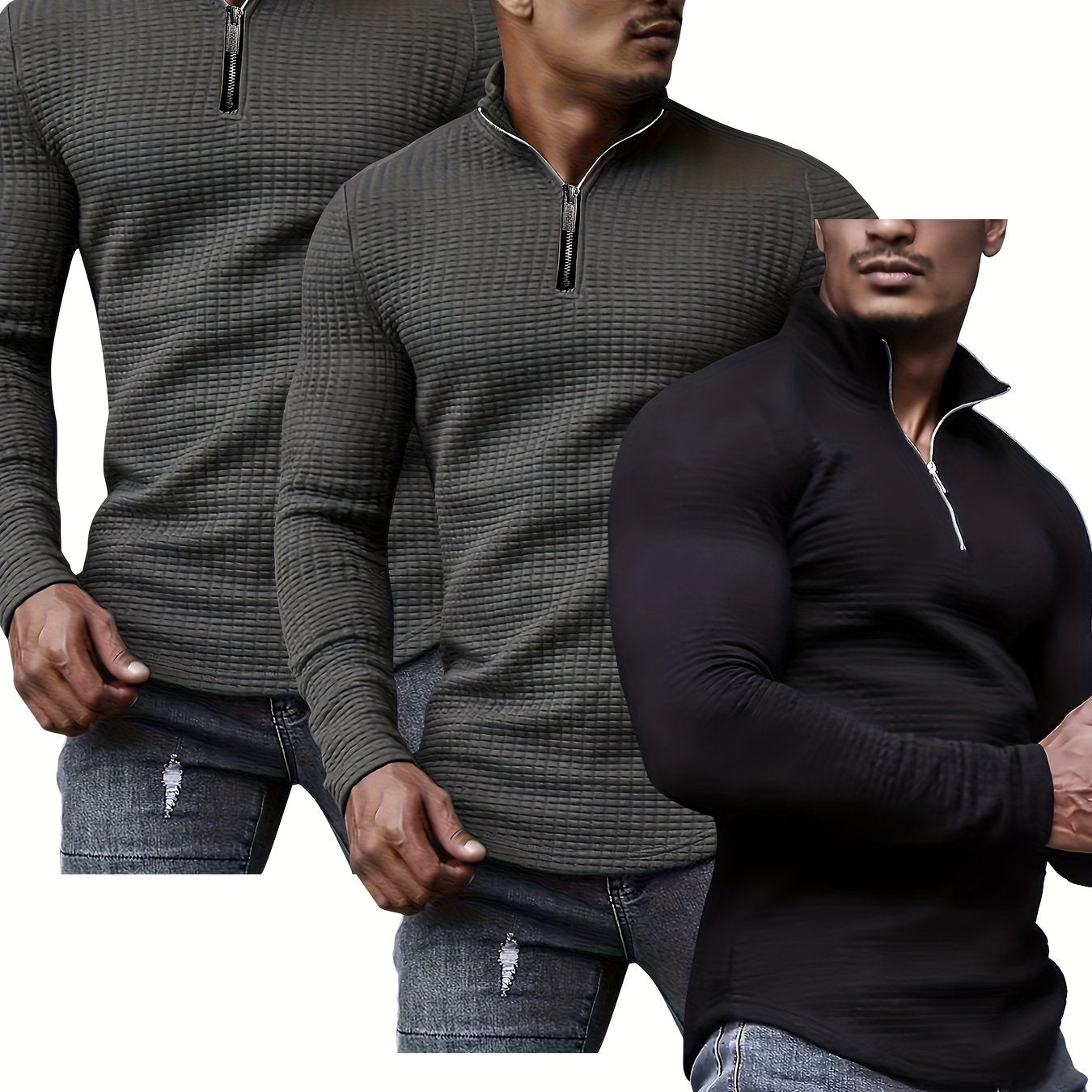 3pcs Men's Waffle Knit Zip-Up Collar Sweatshirts - Solid Color, Stretch Fabric, Machine Washable for Spring, Fall, and Winter