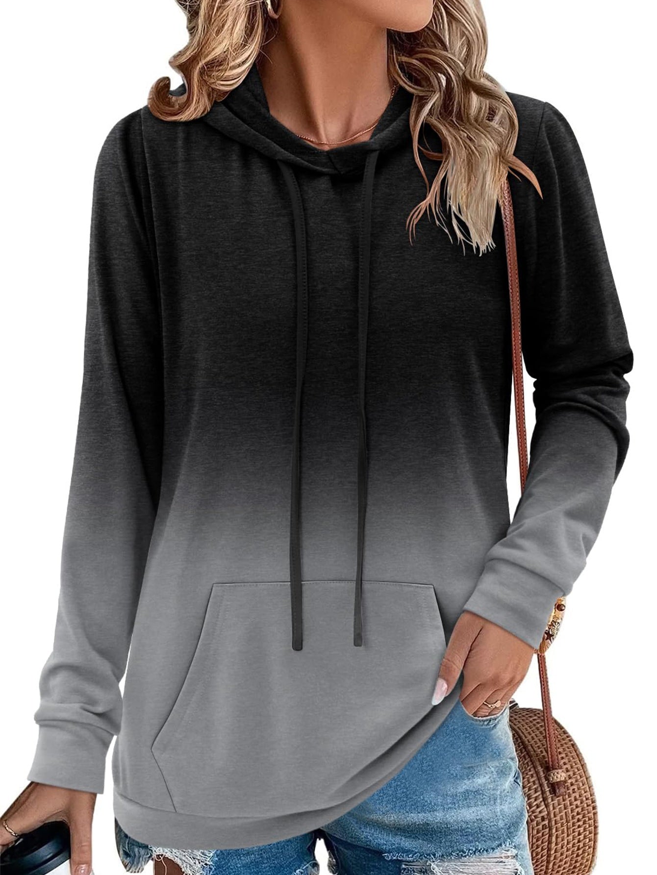 Women's All-Over Print Hooded Sweatshirt - Oversized Long Sleeve Winter Hoodie with Drawstring Hood & Front Pocket, Casual Grey & Black Sweater Jacket (Machine Washable) for Fall and Winter Layering