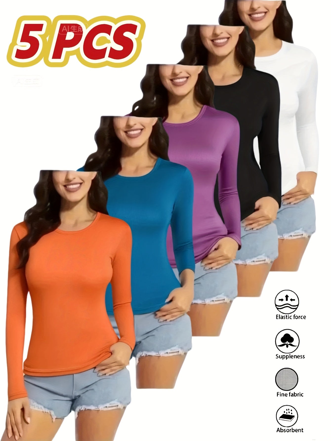 5pcs Women'S Long Sleeve T-Shirts - 100%, V-Neck, Medium Stretch, Moisture-Wicking & Breathable, Five Color Options For, Outdoor - Fall/Winter Collection, Shirts, Wear, Solid Color Top, Breathable Fabric