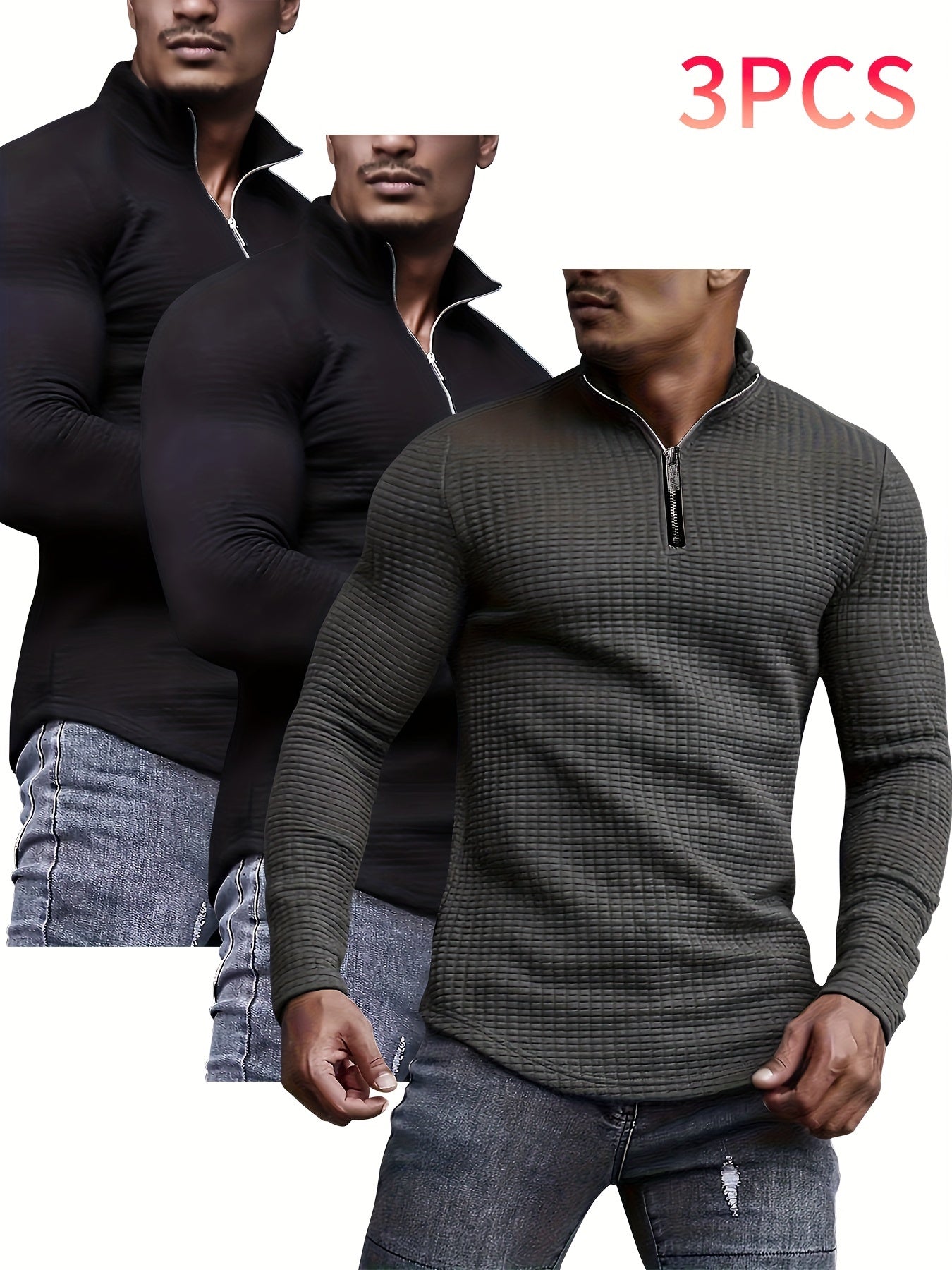 3pcs Men's Waffle Knit Zip-Up Collar Sweatshirts - Solid Color, Stretch Fabric, Machine Washable for Spring, Fall, and Winter