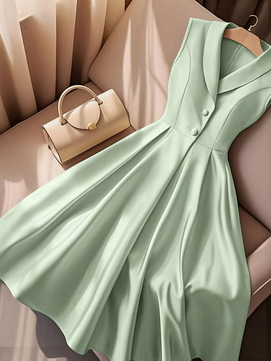 Women's Elegant Slim Fit Sleeveless V-Neckdress - Button-Up Front, Non-Stretchy Formal & Casual Outfit for Office, Party, Vacation - Machine Washable Women's Clothing, Party Attire, Timeless Fashion Piece, Smooth Fabric Finis