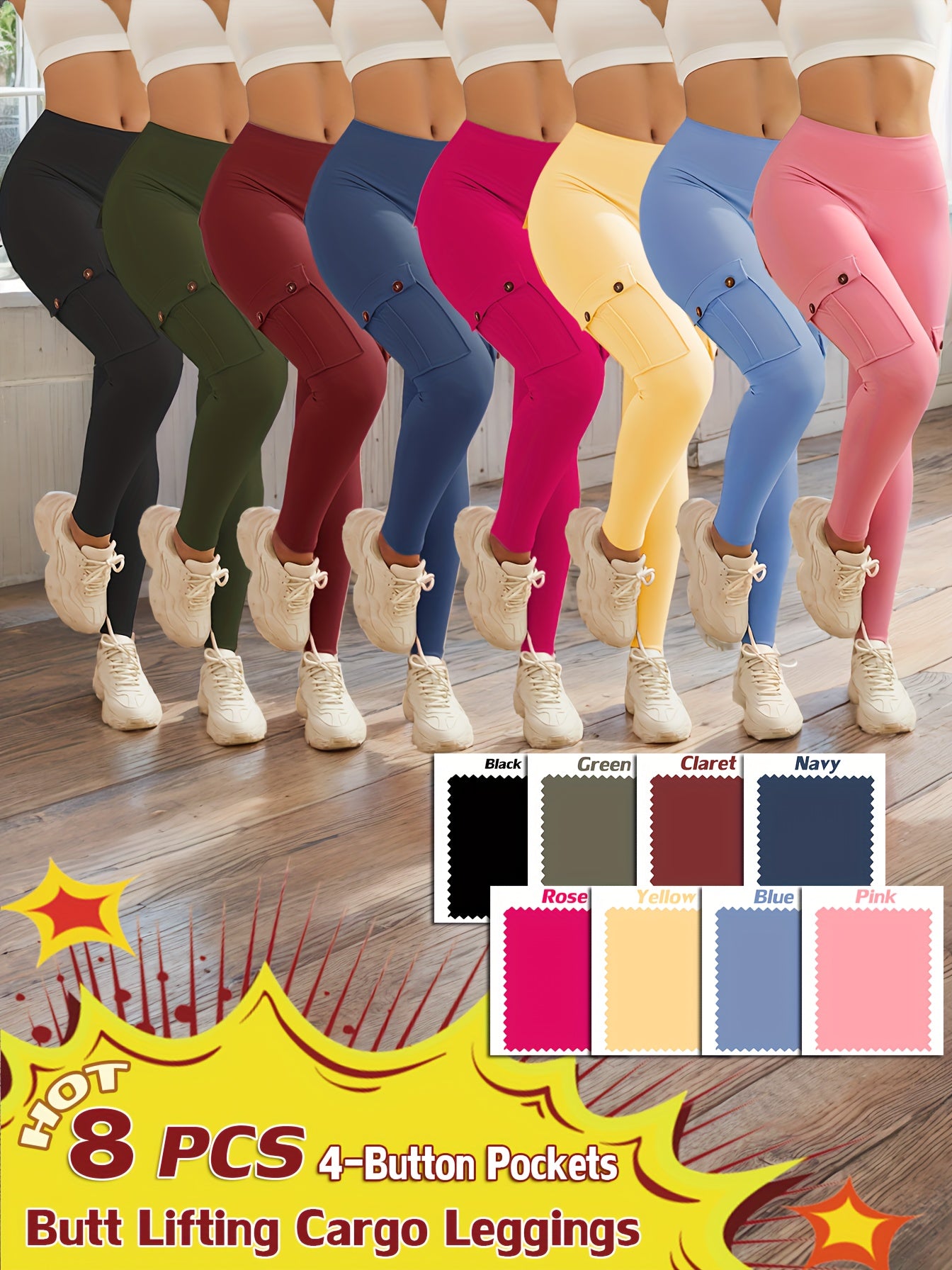 8-pack High Waist Yoga Leggings, 8pcs Leggings Set, 4 Way Stretch, Butt Lifting Tummy Control, 4 Button Pockets Workout Running Sports Pants