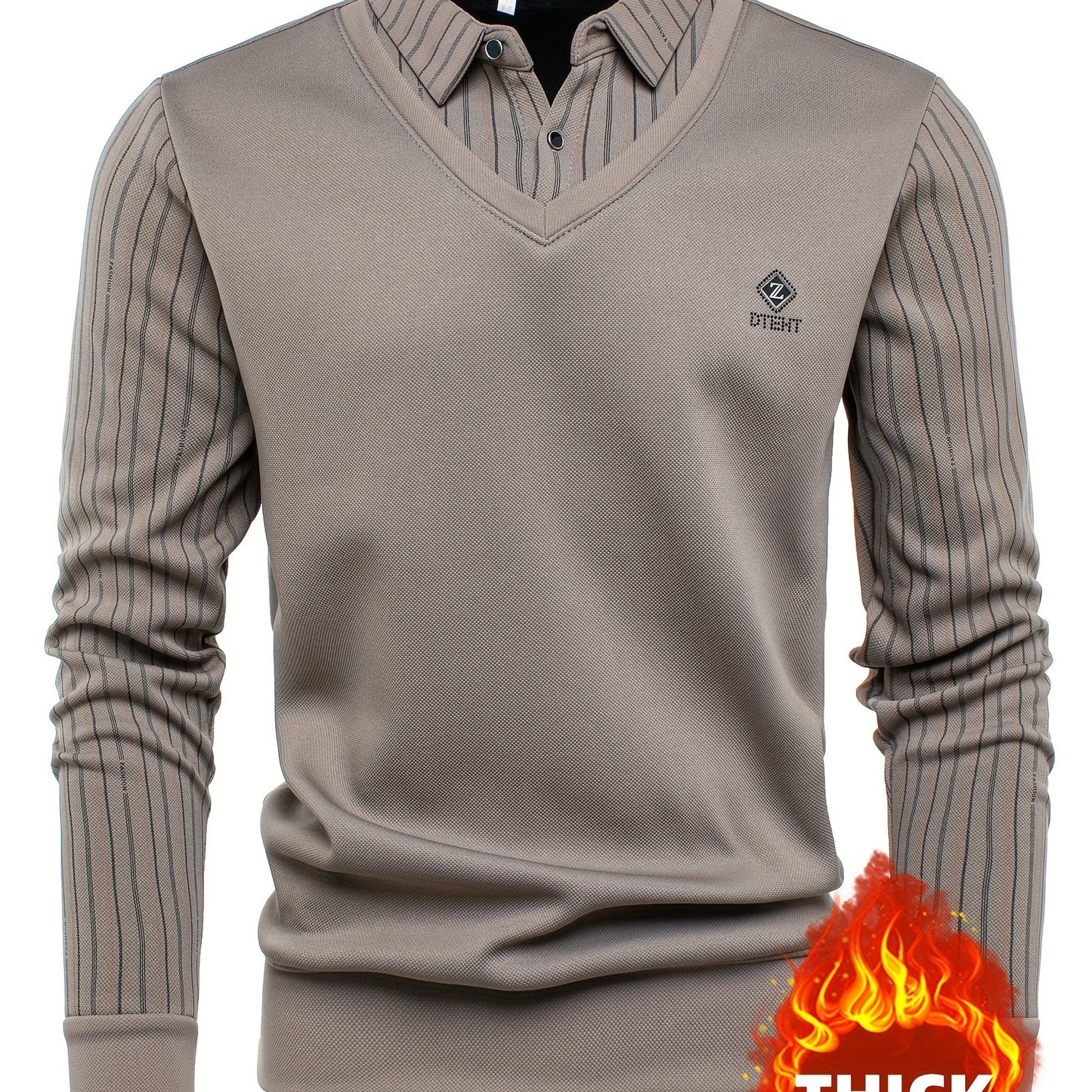 New Autumn And Winter Plush Men'S Long-Sleeved Fake Two-Piece Vest Design, Diamond-Shaped Decorative Stickers on The Chest, Pinstripe Lining, Soft And Warm for Daily Travel, Casual And Versatile, Light Business Fashion Lapel