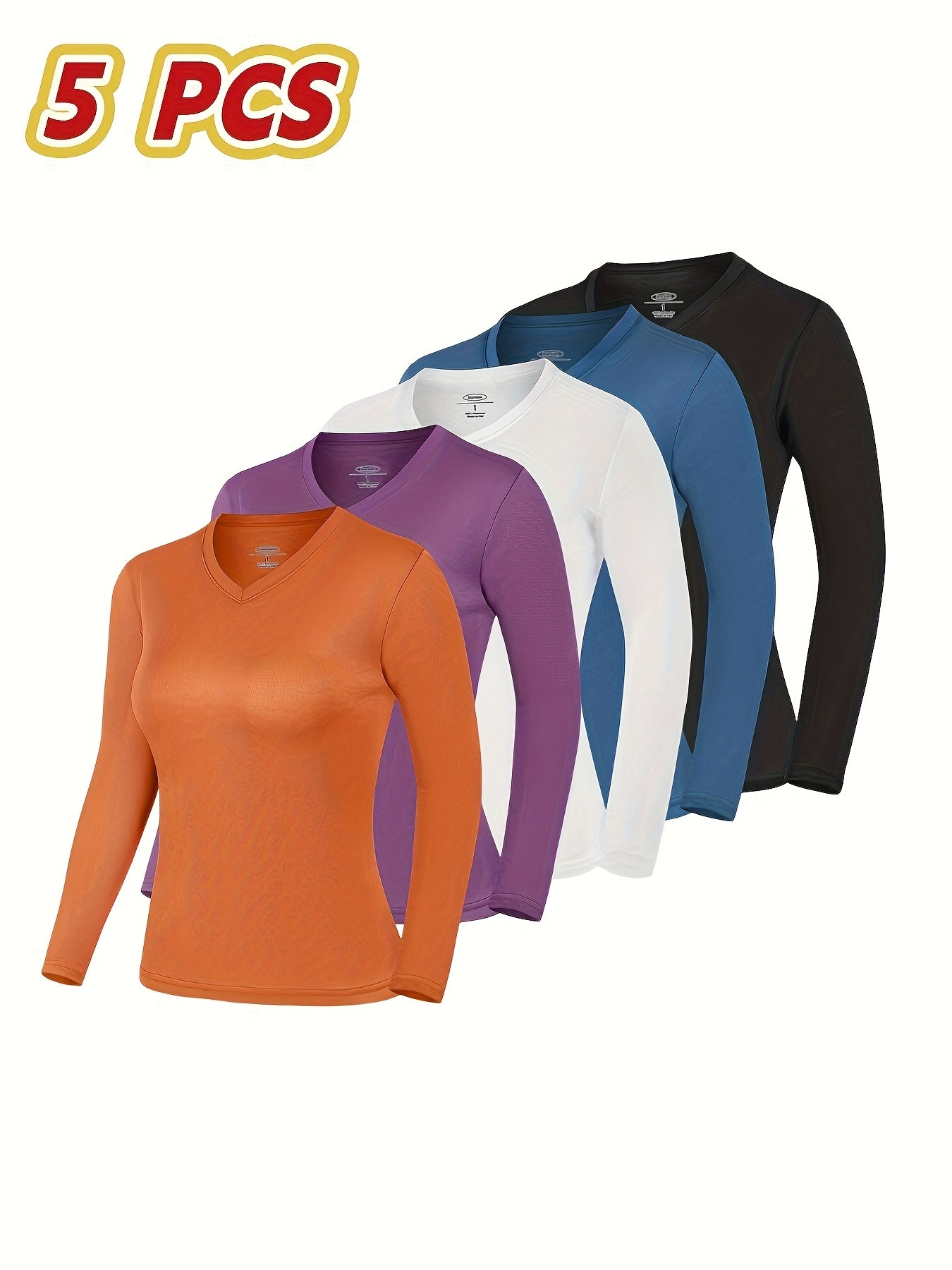 5pcs Women'S Long Sleeve T-Shirts - 100%, V-Neck, Medium Stretch, Moisture-Wicking & Breathable, Five Color Options For, Outdoor - Fall/Winter Collection, Shirts, Wear, Solid Color Top, Breathable Fabric