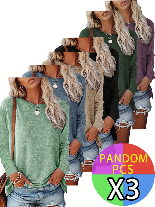 3pcs Women'S Soft Long Sleeve T-Shirts with Chest Pocket & Hem Slit - Tightened Cuffs, Round Neck, 3 Random Colors (Green/Navy) - Versatile Casual & Semi-Formal Tops for Commuting, Office & Casual Attire - Breathable Comforta
