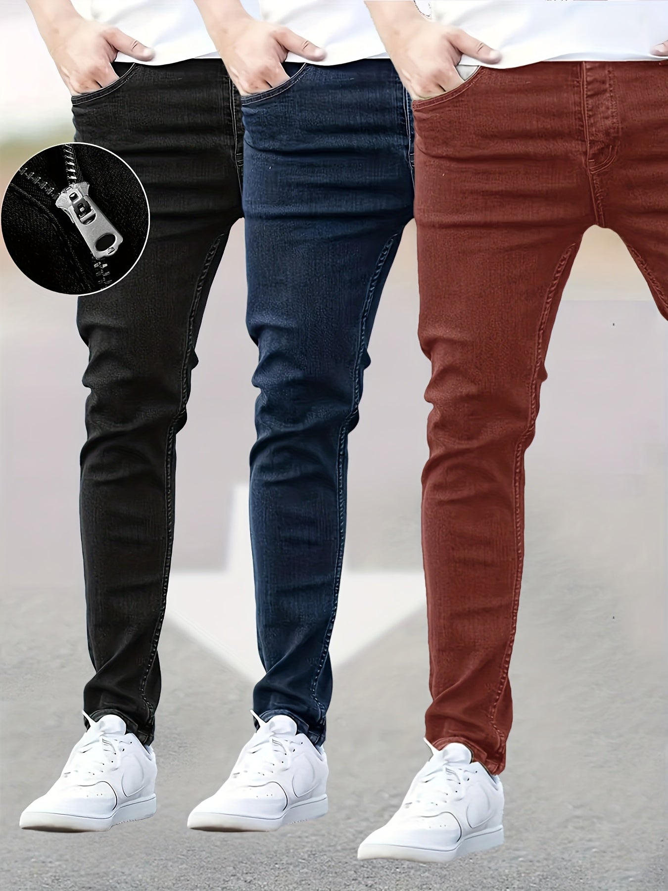 3 Packs - Cost-effective Men's Jeans - Street Style Trendy Slim Fit Men's Jeans - Wearable In All Seasons, Casual Wear Bottoms, Daily Outfit Essential, Regular Length Jeans, Solid Color Jeans, Street Style Enthusiasts, Budget