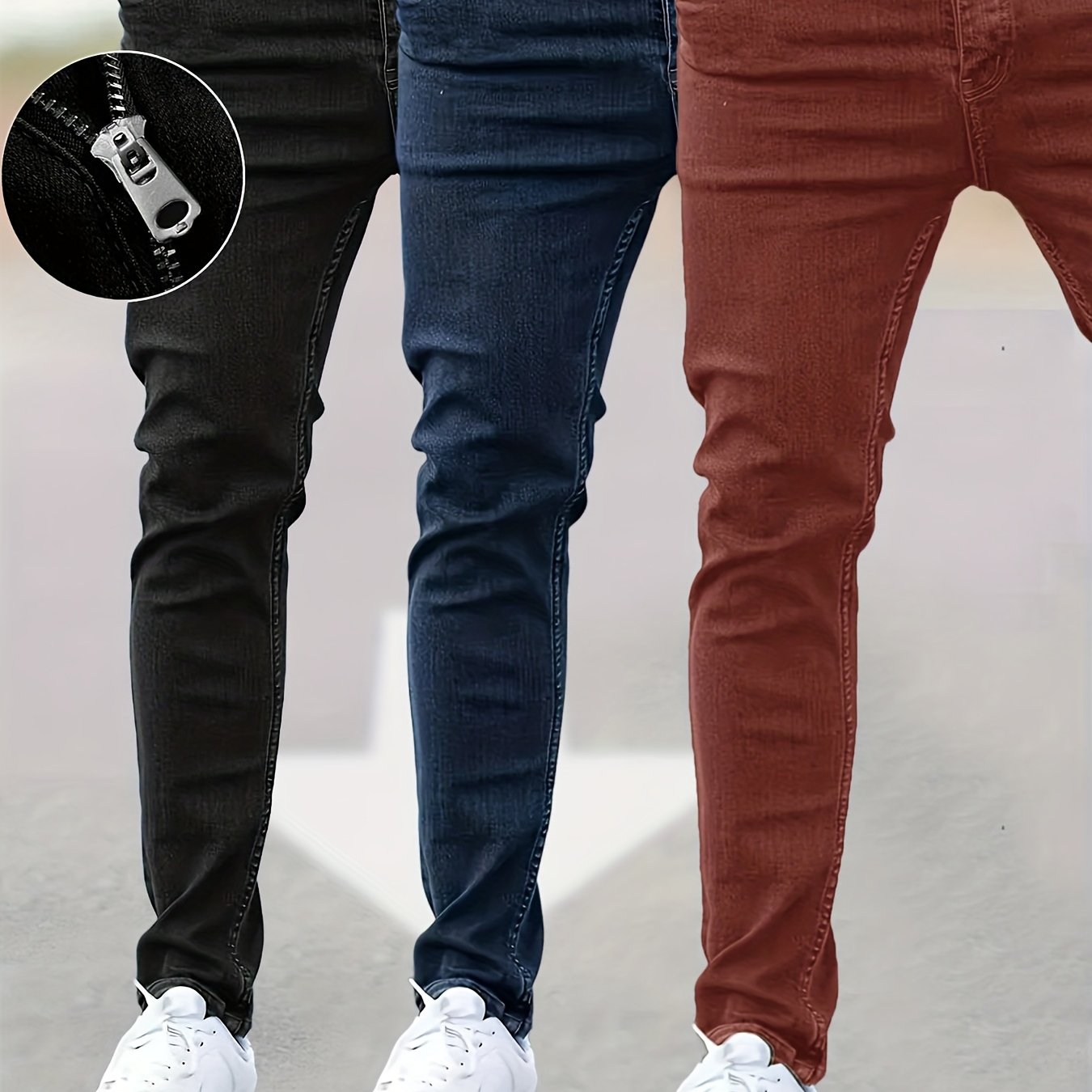 3 Packs - Cost-effective Men's Jeans - Street Style Trendy Slim Fit Men's Jeans - Wearable In All Seasons, Casual Wear Bottoms, Daily Outfit Essential, Regular Length Jeans, Solid Color Jeans, Street Style Enthusiasts, Budget