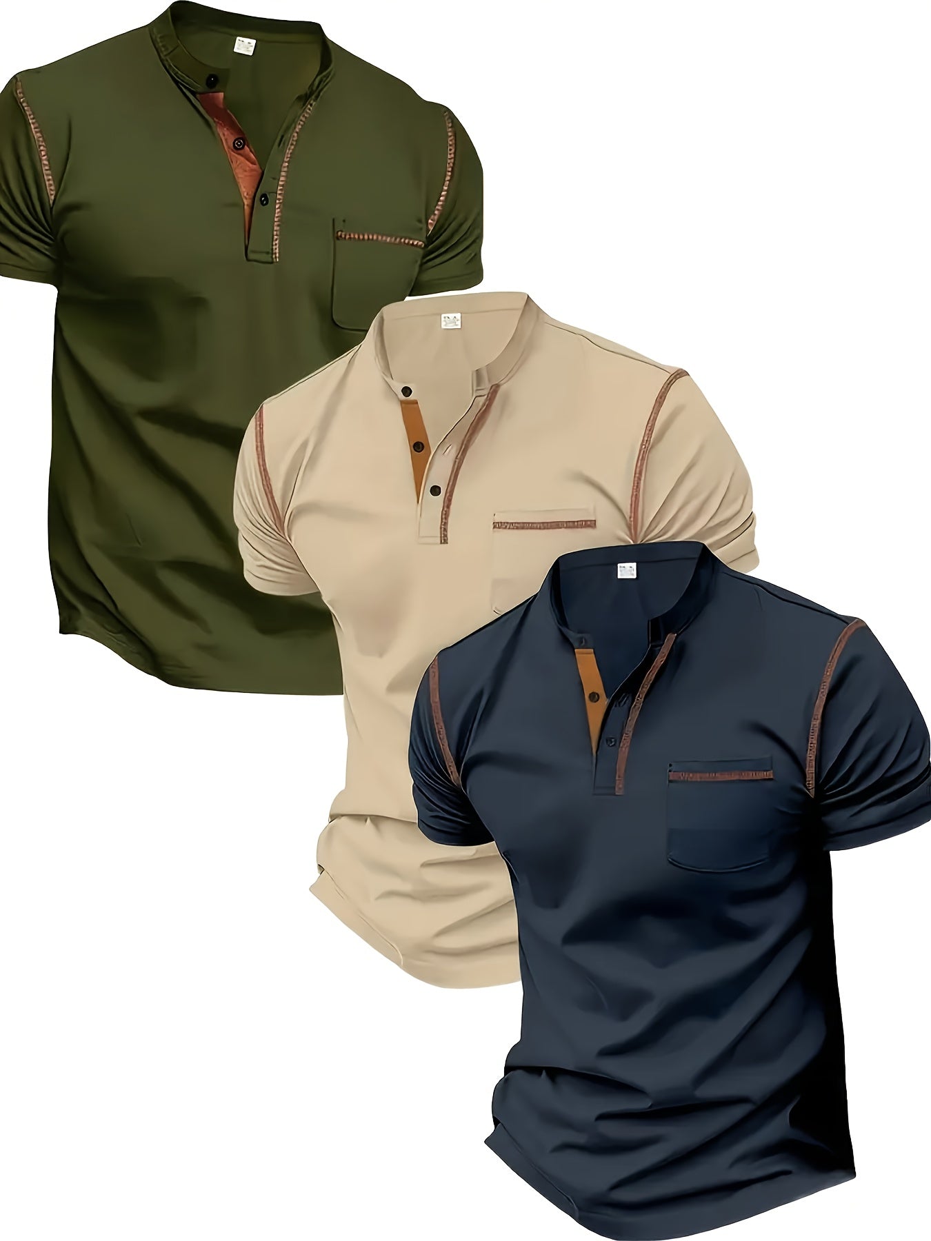 3pcs Men's Slim-Fit Golf & Tennis Shirts Breathable Stretchy Short Sleeve Contrast Collar All-Season Non-Sheer Sportswear Set