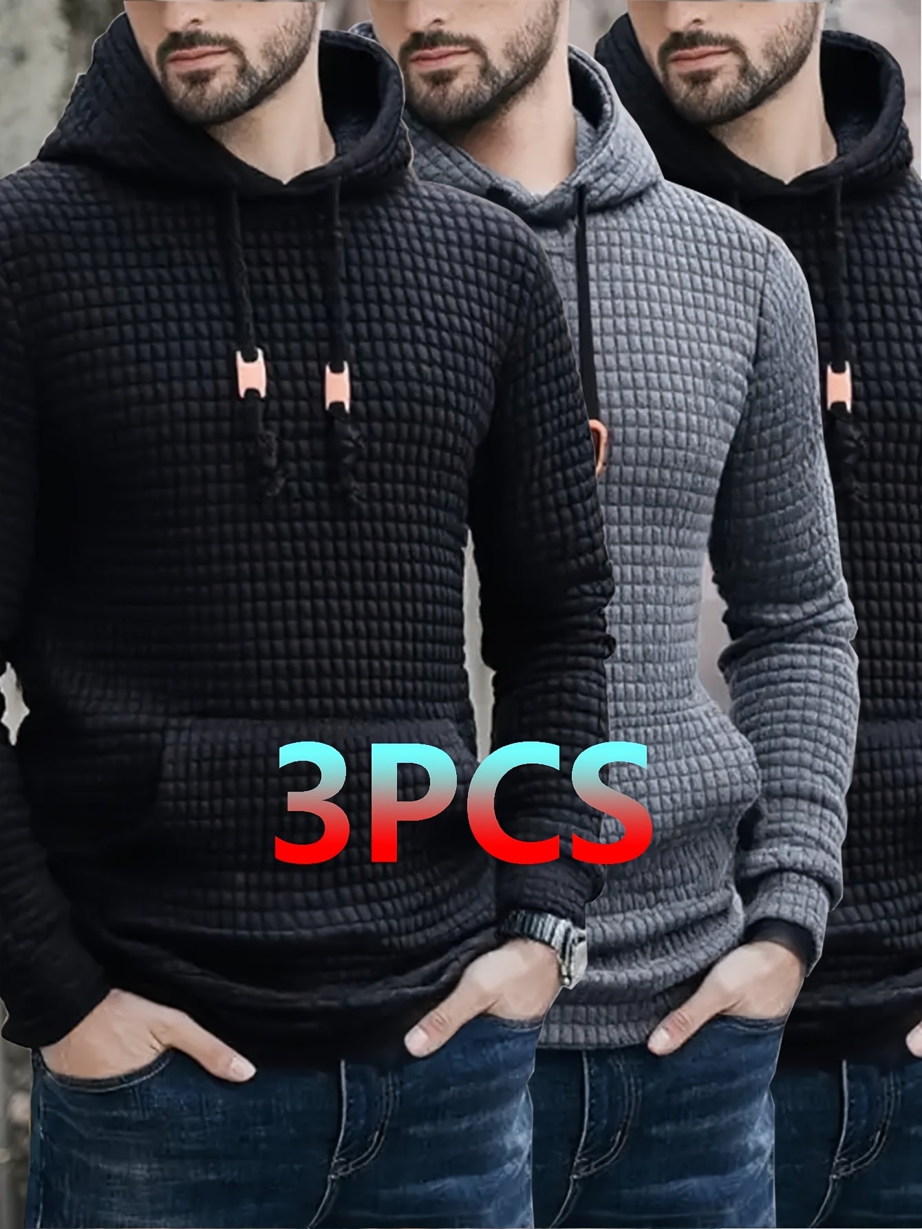 3pcs Set, Men's Waffle Hoodie Long Sleeved, Kangaroo Pocket Casual Sports Top, Suitable For Spring And Autumn