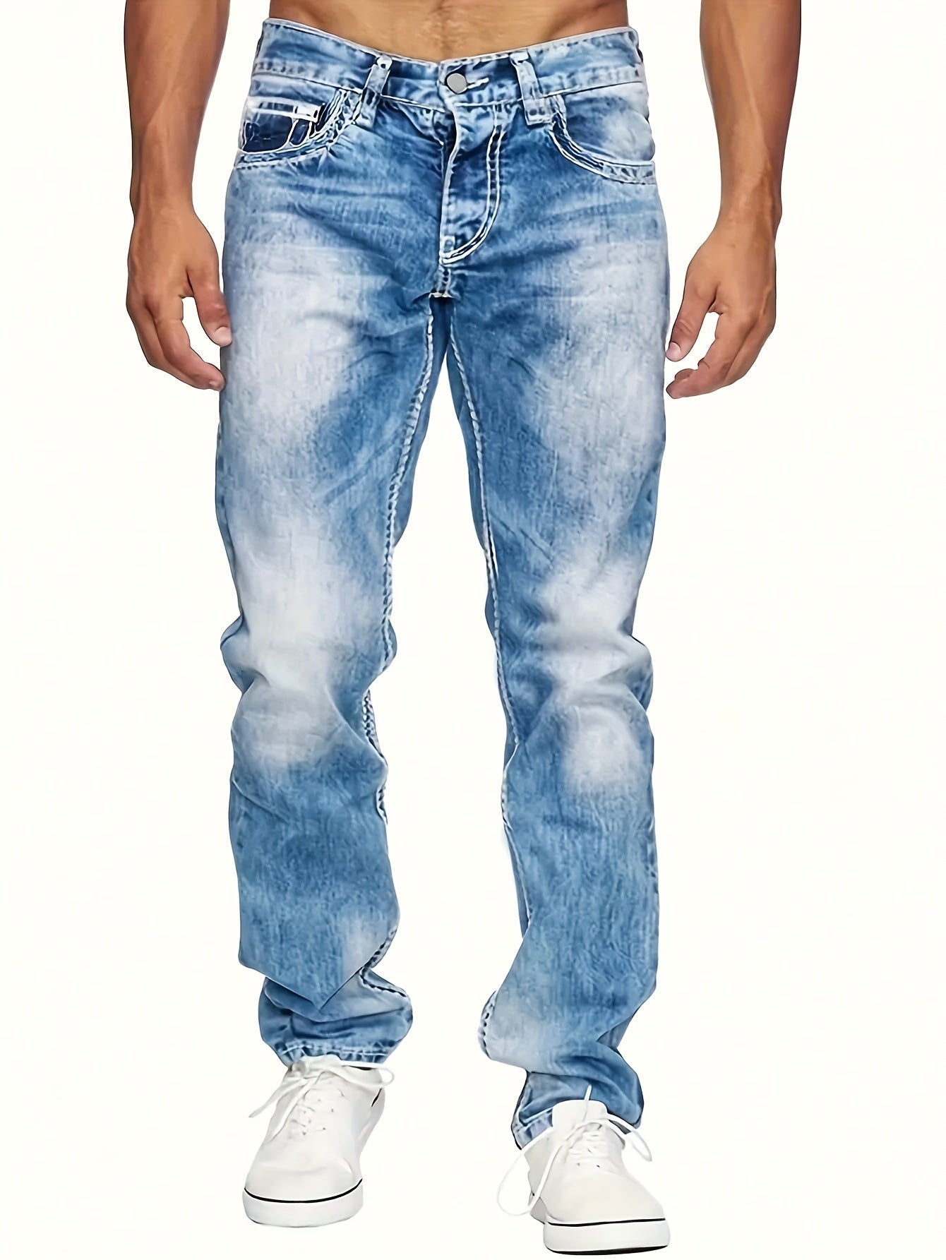 HME Men'S Stretch Slim-Fit Faux Denim - Y2K Style Light Wash Blue Distressed Look, Straight Leg Relaxed Office & Everyday Faux Denim with Built-In Zipper Closure, All-Season Comfort Stretch Fabric, Casual to Semi-Formal Wear,