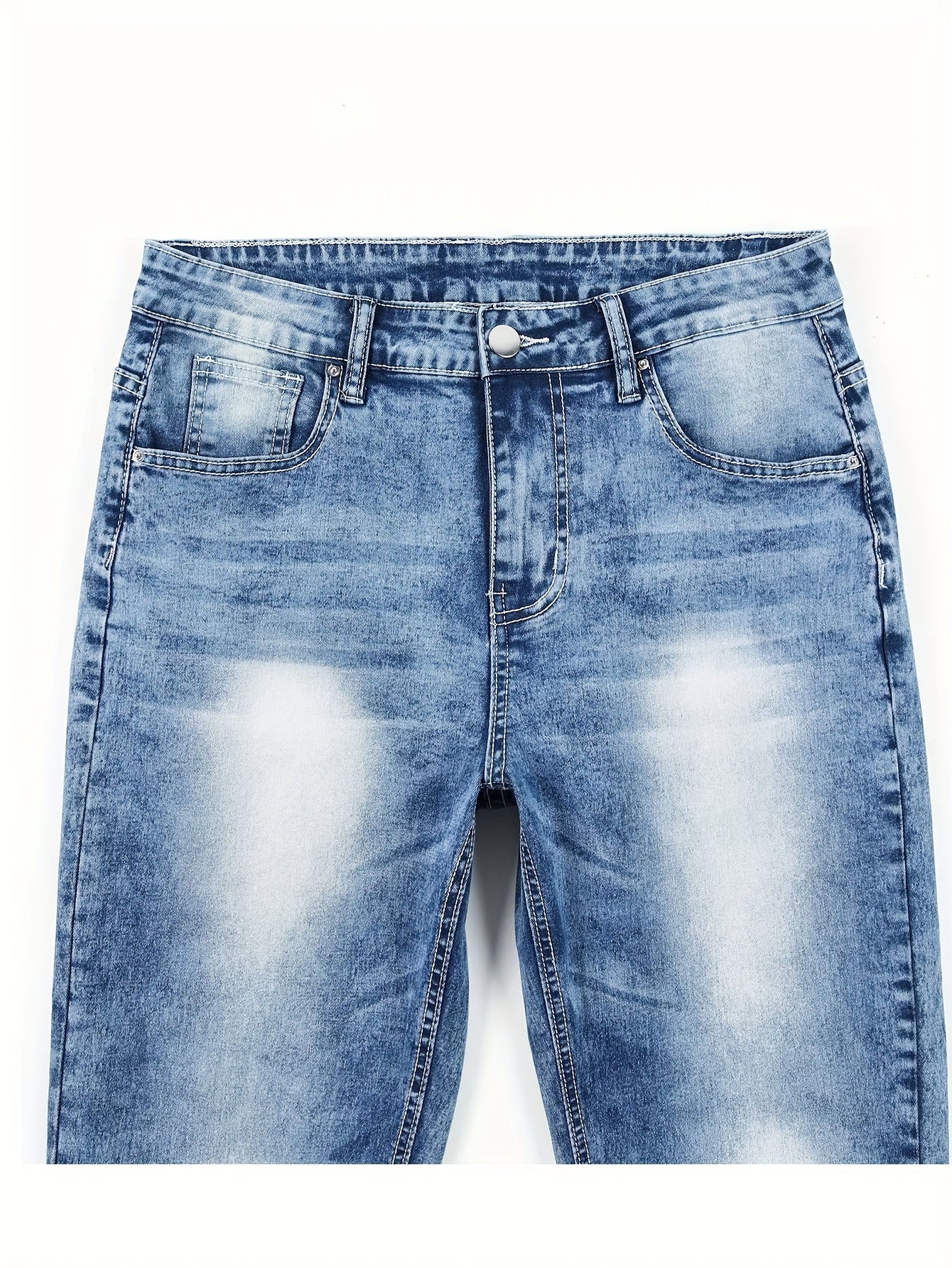 HME Men'S Stretch Slim-Fit Faux Denim - Y2K Style Light Wash Blue Distressed Look, Straight Leg Relaxed Office & Everyday Faux Denim with Built-In Zipper Closure, All-Season Comfort Stretch Fabric, Casual to Semi-Formal Wear,