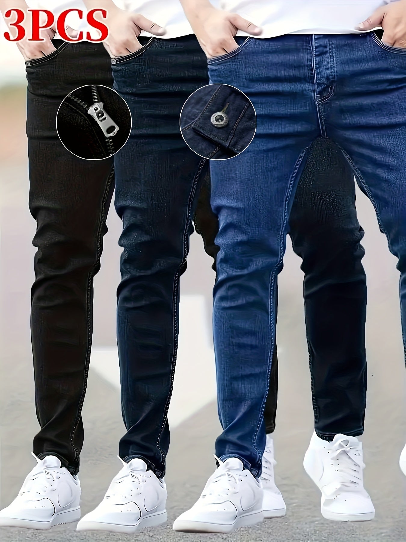 3 Packs - Cost-effective Men's Jeans - Street Style Trendy Slim Fit Men's Jeans - Wearable In All Seasons, Casual Wear Bottoms, Daily Outfit Essential, Regular Length Jeans, Solid Color Jeans, Street Style Enthusiasts, Budget