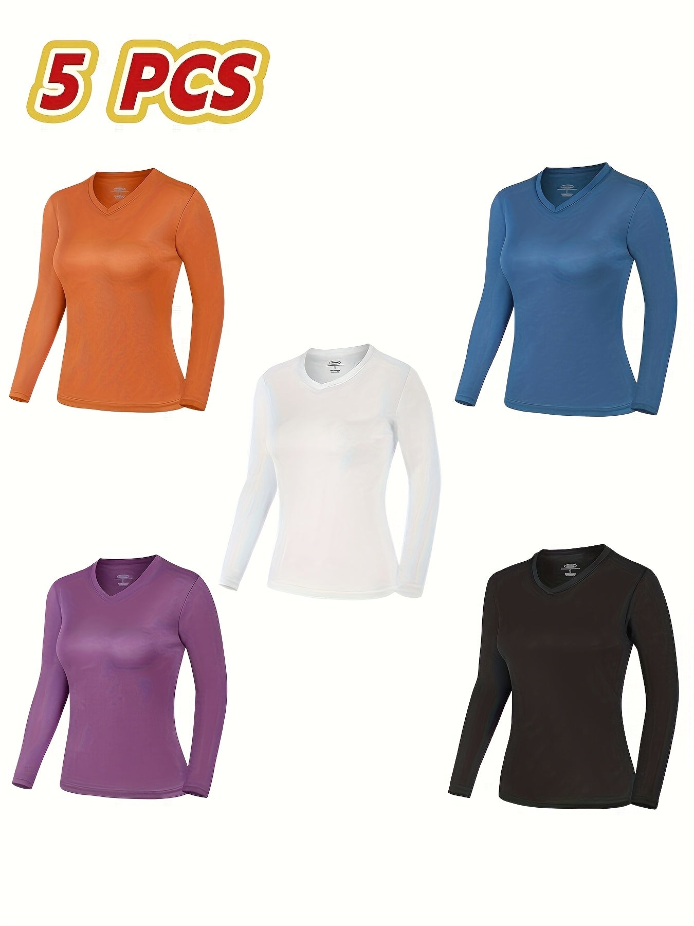 5pcs Women'S Long Sleeve T-Shirts - 100%, V-Neck, Medium Stretch, Moisture-Wicking & Breathable, Five Color Options For, Outdoor - Fall/Winter Collection, Shirts, Wear, Solid Color Top, Breathable Fabric