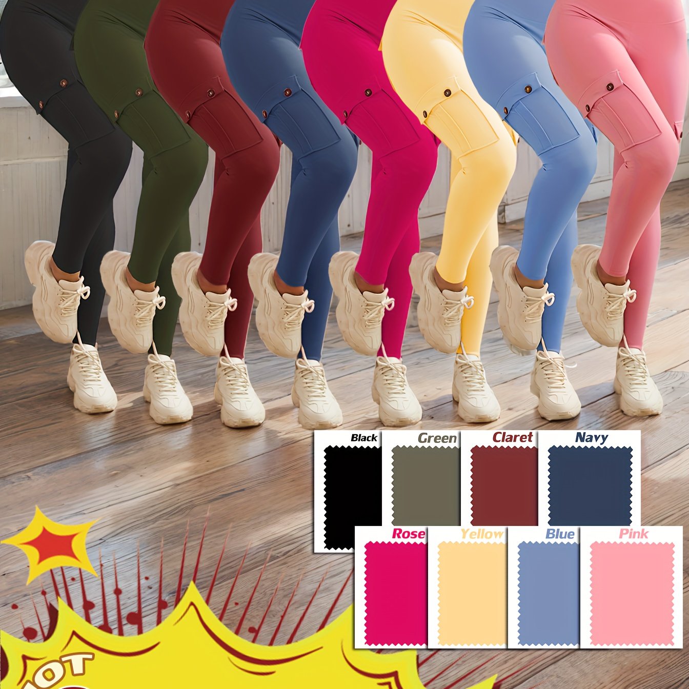 8-pack High Waist Yoga Leggings, 8pcs Leggings Set, 4 Way Stretch, Butt Lifting Tummy Control, 4 Button Pockets Workout Running Sports Pants