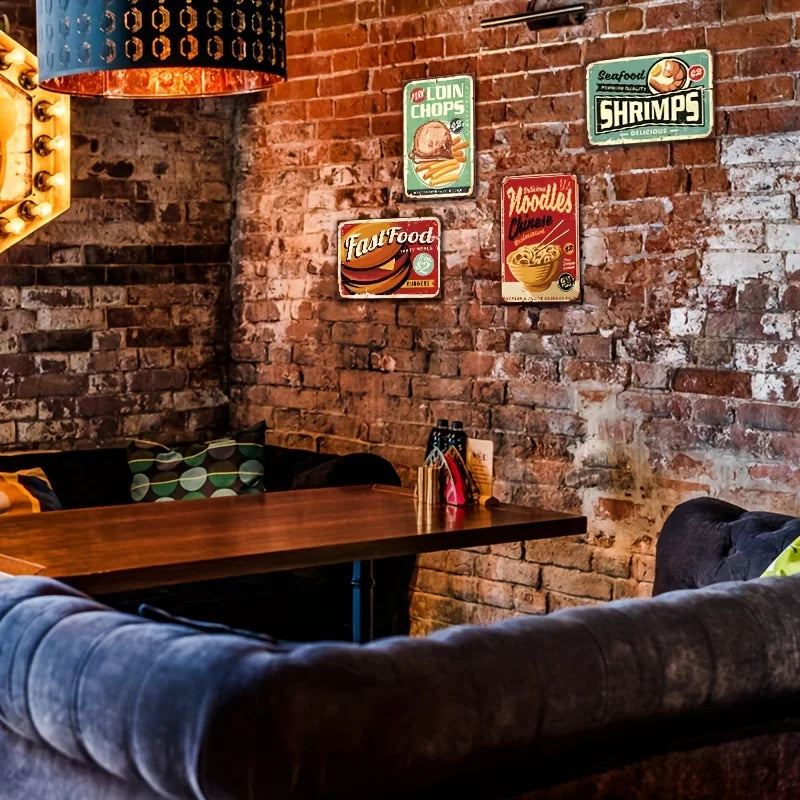 6pcs Retro Fast Food Metal Tin Sign Set Classic Vintage Wall Art for Bar Cafe Restaurant Iron Art Rectangle American Style