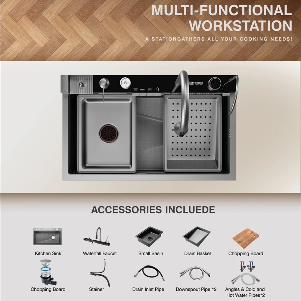 33x22 Inch Nano Black Household Kitchen Sink Workstation