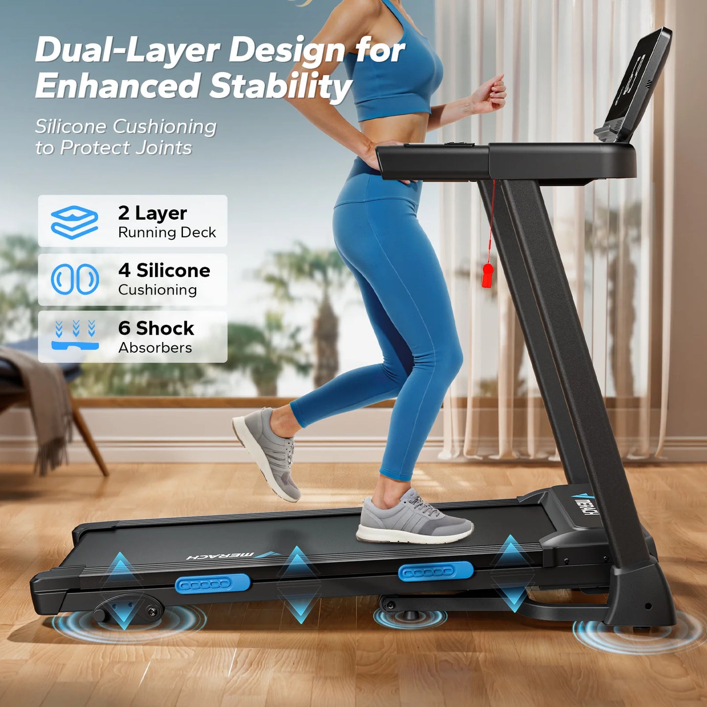 Merach Foldable Treadmill T12B1 Black Electric Home Use Multifunctional Double Deck Silicone Shock Cushion Heart Rate Monitoring