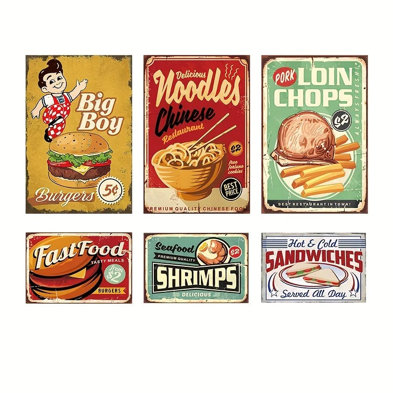 6pcs Retro Fast Food Metal Tin Sign Set Classic Vintage Wall Art for Bar Cafe Restaurant Iron Art Rectangle American Style