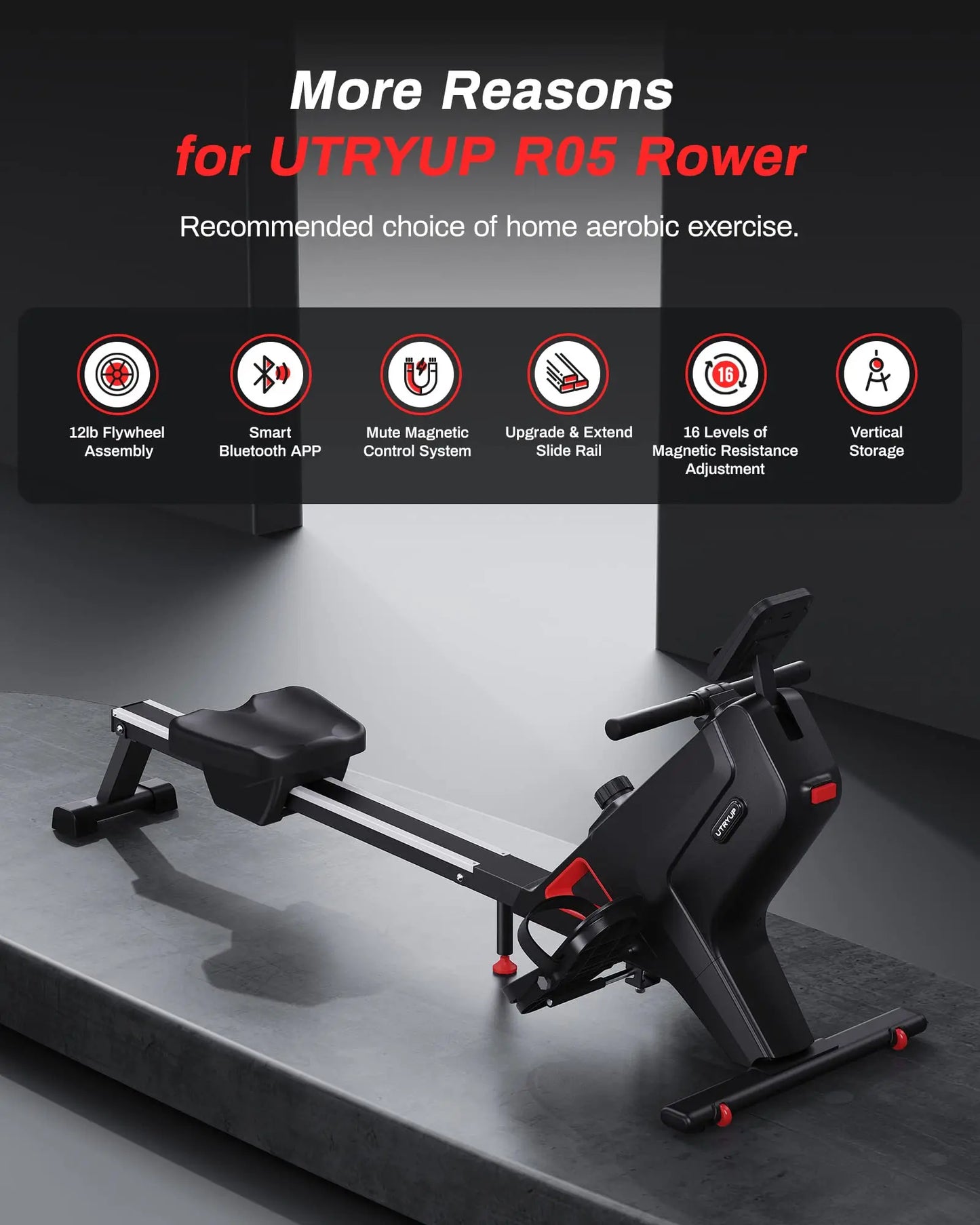 Utryup R05 Water Rower Magnetic Rowing Machine 16 Levels Quiet Resistance Foldable Compact Home Gym Fitness Equipment Black