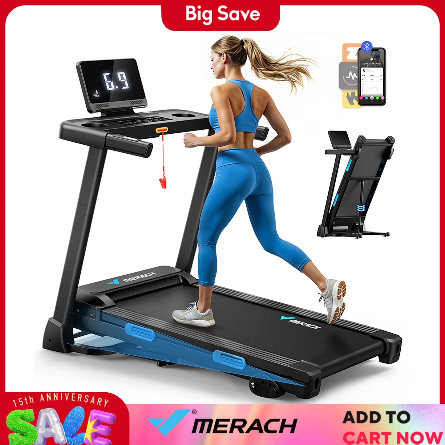 Merach Foldable Treadmill T12B1 Black Electric Home Use Multifunctional Double Deck Silicone Shock Cushion Heart Rate Monitoring