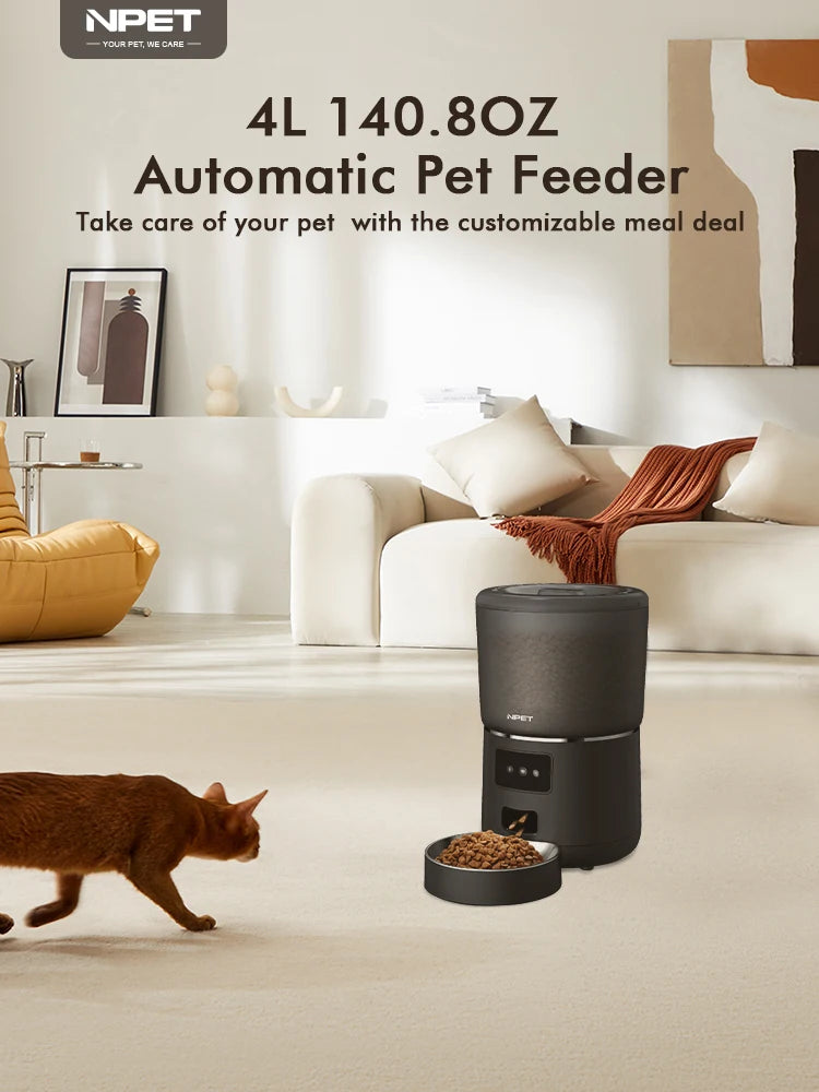 NPET 4L Smart Pet Feeder Automatic for Cats/Dogs with Stainless Steel Bowl - Customizable 1-9 Portions Food Dispenser with Timer
