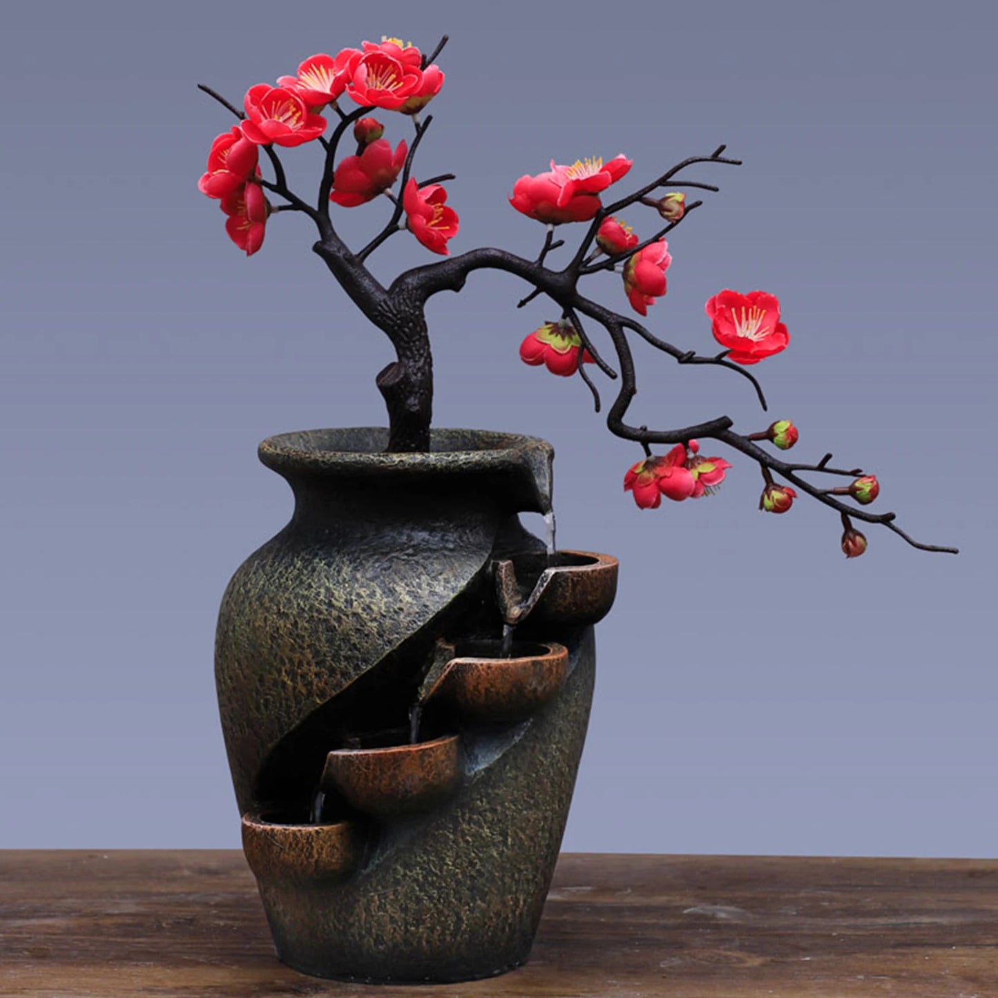 Retro Zen Resin Desktop Water Fountain with LED Light Mist Mini Humidifier for Office Relaxation Decor