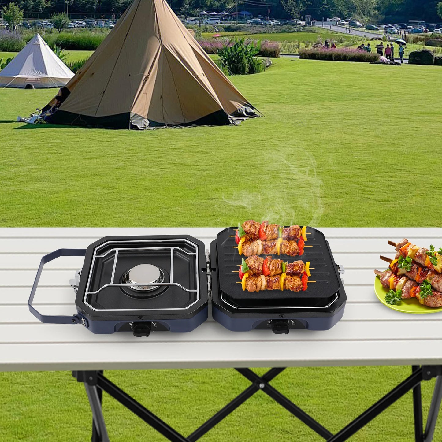 Camping Stove with Grill Pan Foldable Camp Stove 2-Burners Portable Stove for Camping BBQ