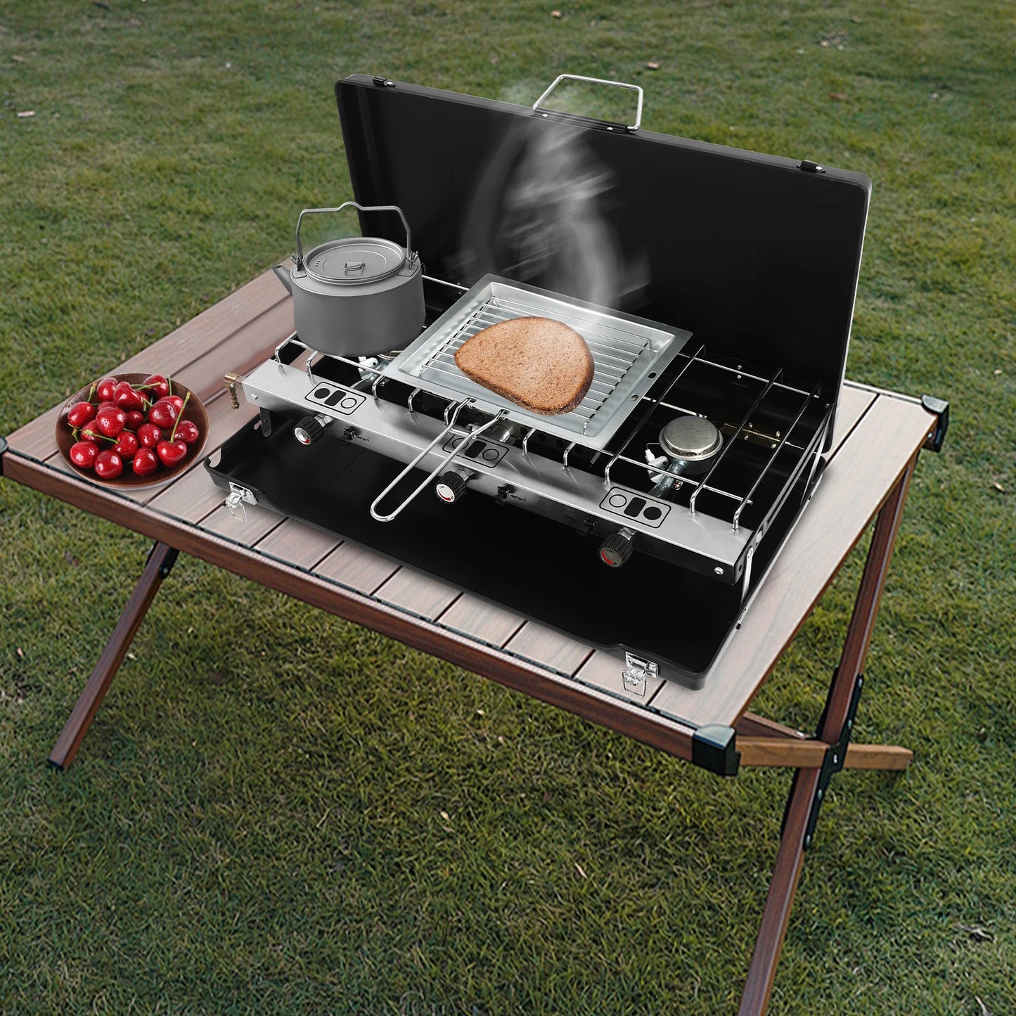 3-Burner Portable Gas Camping Cooking Stove, 1.5kw High Power of Each Burner with Non-slip Feet for Camping, Barbecues, Parties