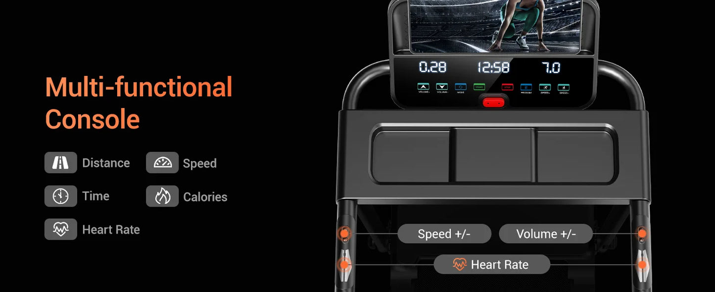 3.0HP Brushless Foldable Treadmill for Home Use 300LB Capacity with Heart Rate Monitor and Dual Shock Absorption