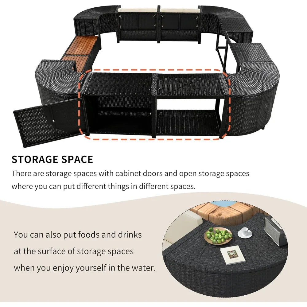 Beige Rattan Patio Furniture Set with Wooden Seats Storage Spaces Quadrilateral Outdoor Sofa Set for Spa Surround