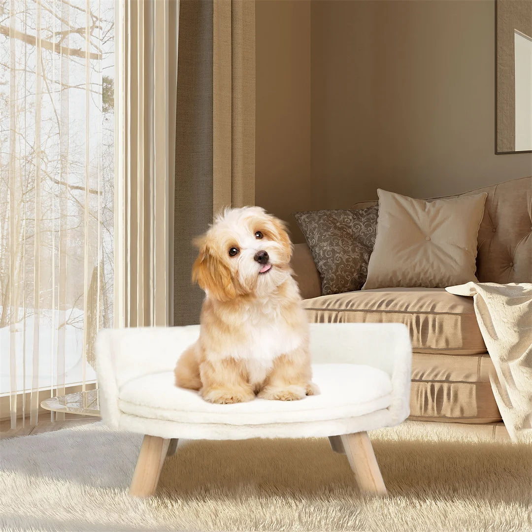 Luxury Soft Warm Plush Pet Bed Nesting Chair with Wood Legs And Washable Waterproof Cushion Pad for Small Pets White