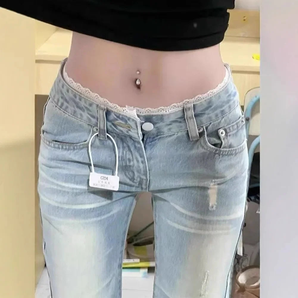 Light Lace Trim Flared Straight Leg Jeans Women's Retro Low Waist Slimming Non Fitting New 2025 Model Casual Fashion