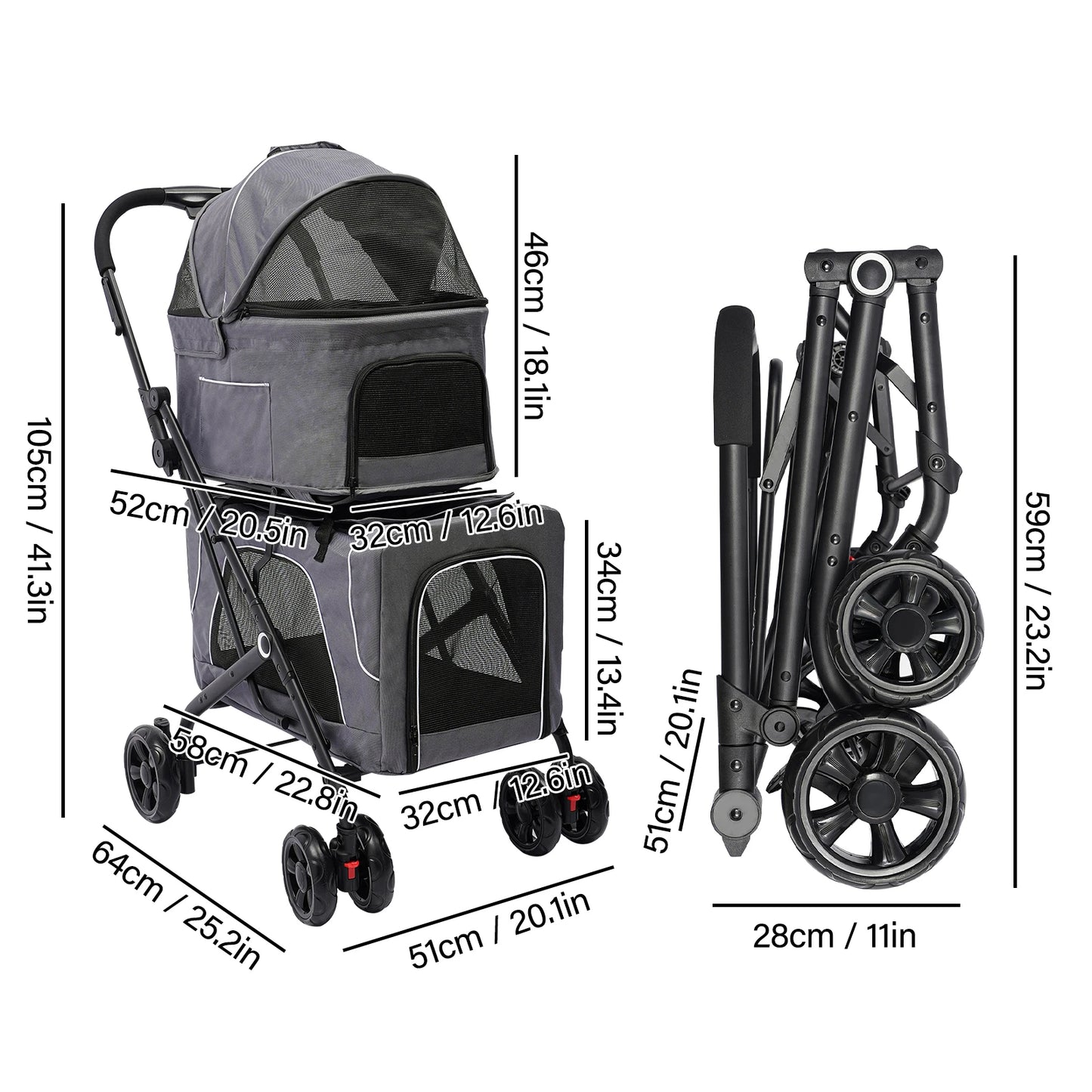 Foldable Pet Stroller Double Dog Cat Carrier with Storage Basket Travel Camping Iron Oxford Cloth Dog Travel Stroller for All Breeds