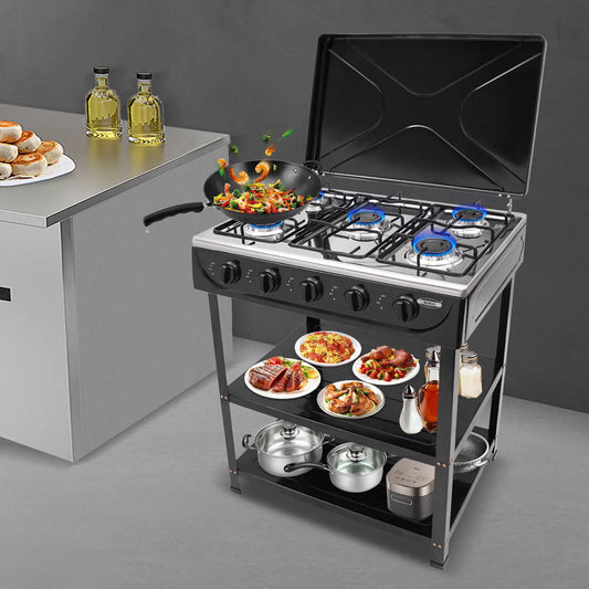 5-Burner Gas Stove Outdoor Camping Cooking BBQ Grill With 2-Tier Storage Rack