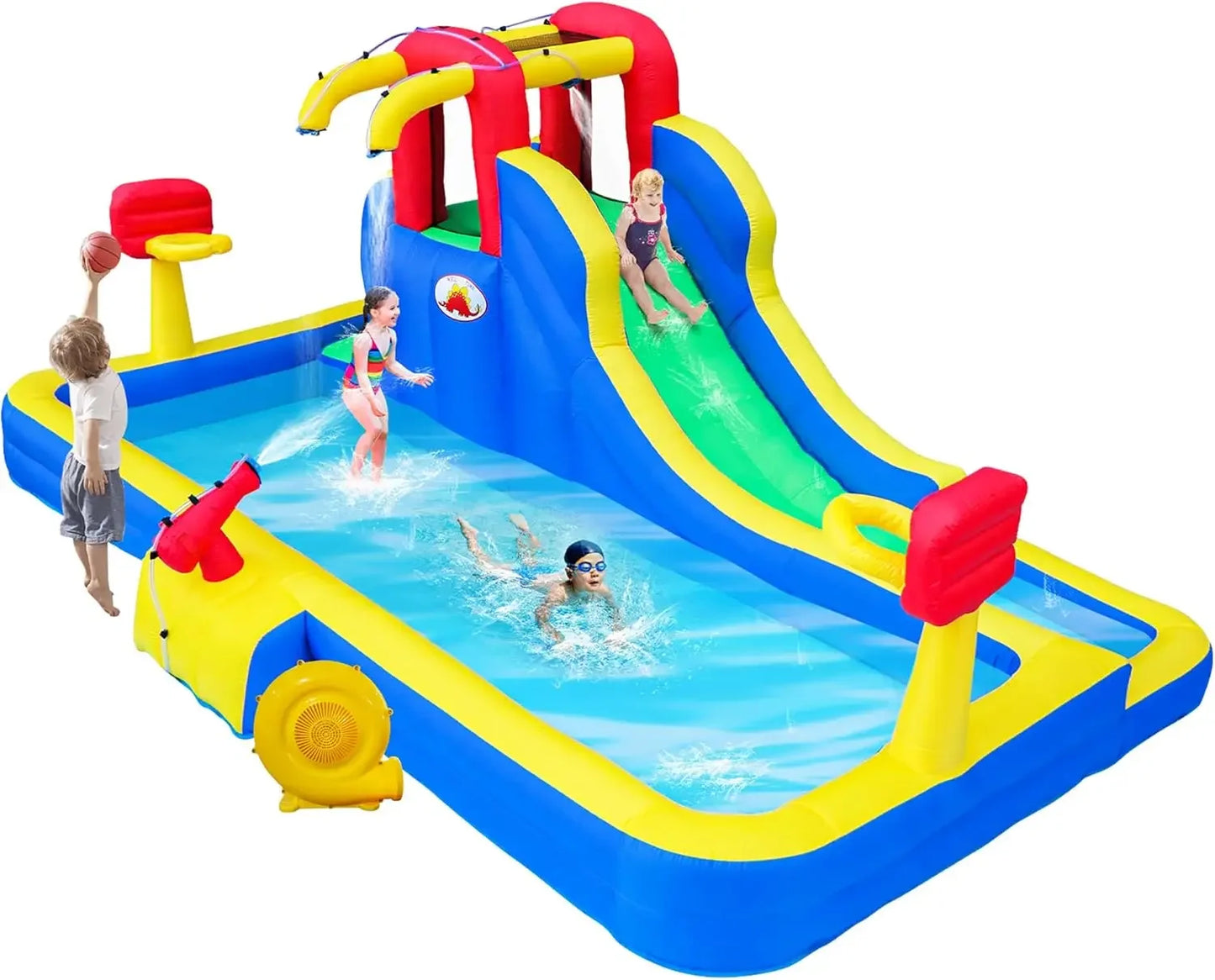 Water Park with Blower, Bouncy Castle with Water Cannon and Double Basketball Rings