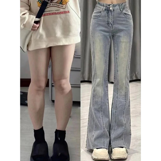 Retro Light Blue Micro Flare Jeans Women Korean Vintage Streetwear Slim Fit Lady Elastic Hight Waist Thin Baggy Denim Pants