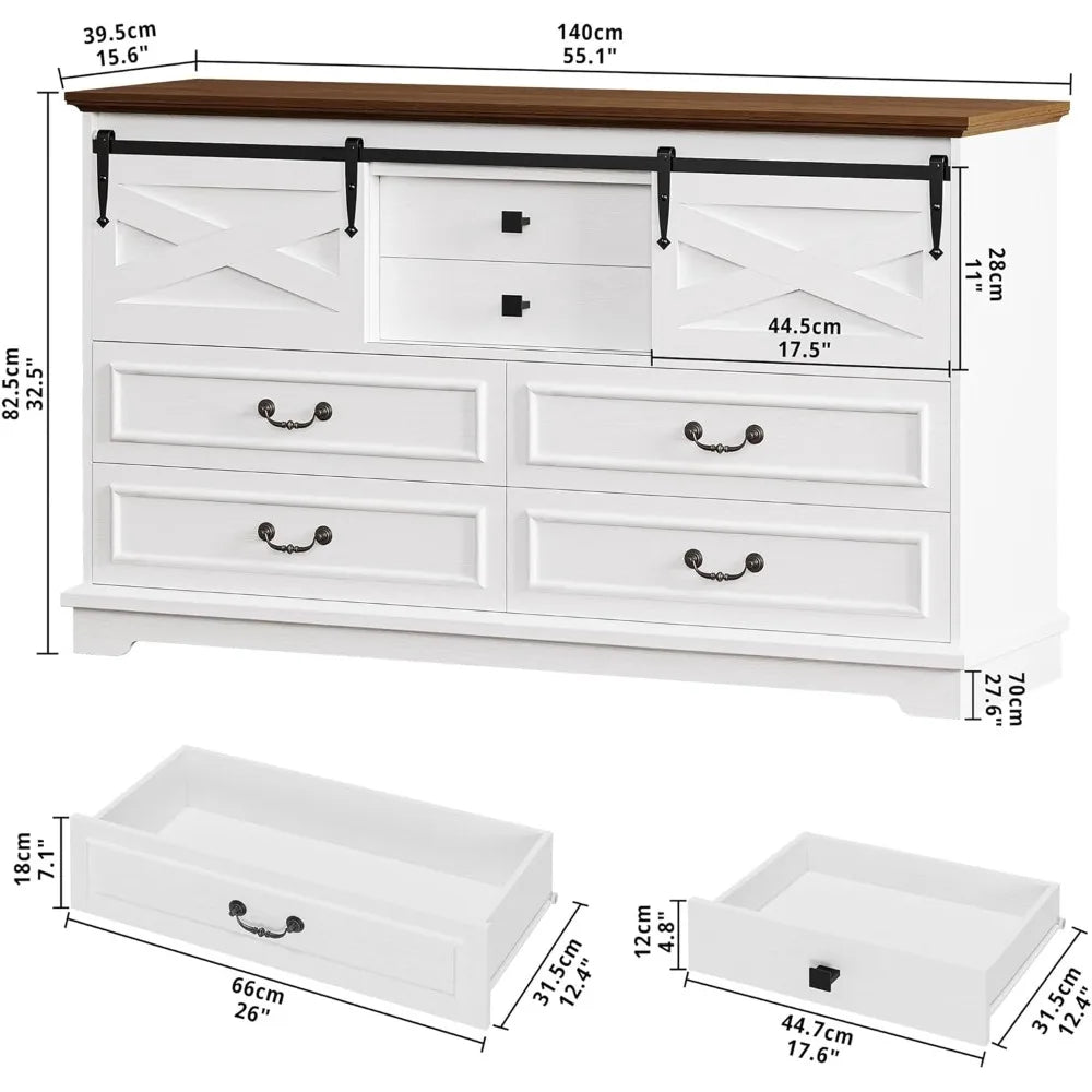 Farmhouse 6 Drawers Dresser for Bedroom, 55.1" Large Wooden Chest of Drawers with Sliding Barn Door, White/Walnut