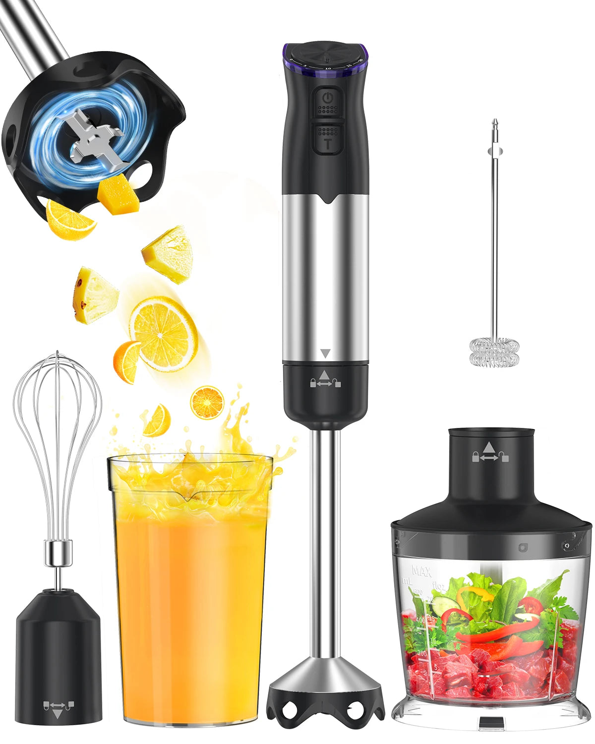 1000W Electric Immersion Handheld Blender 5 in 1 Kitchen Appliance for Soups Smoothies Purees and Baby Food Stainless Steel