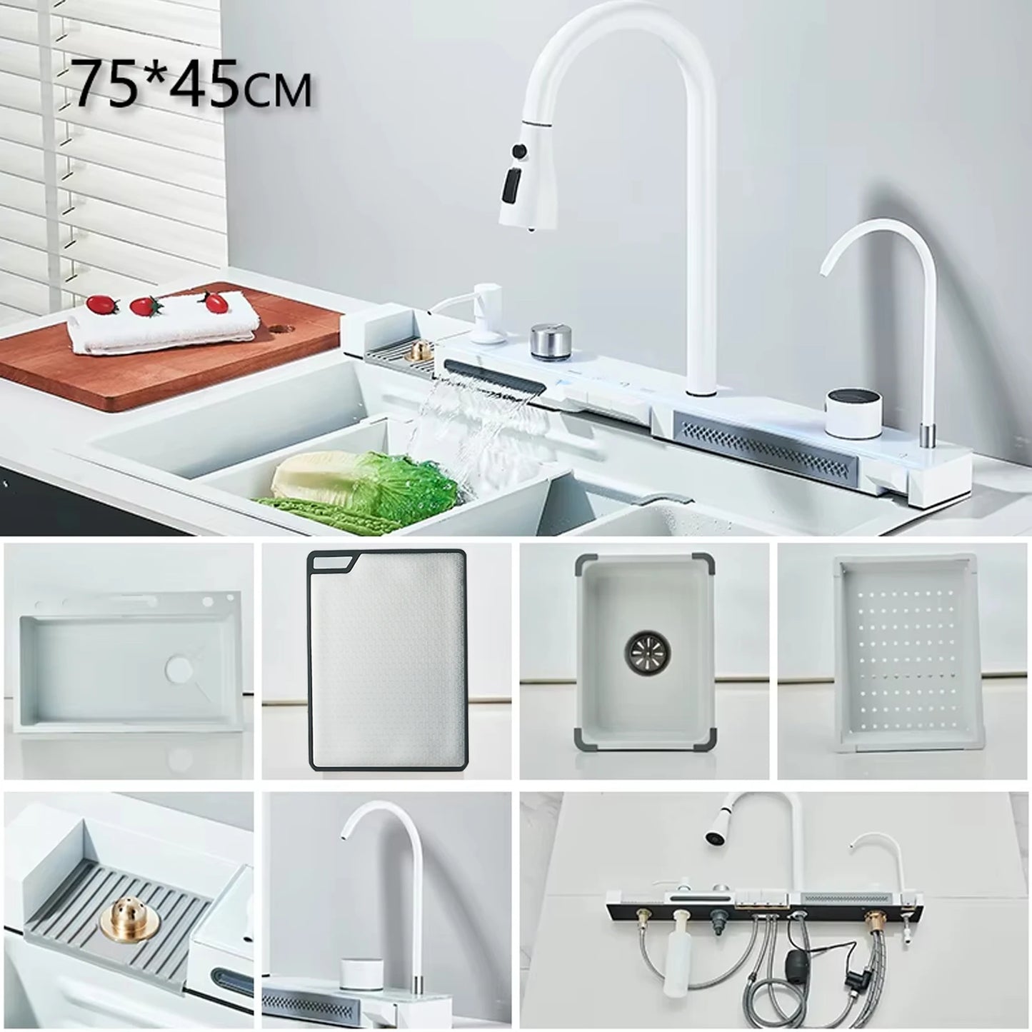 304 Stainless Steel Waterfall Kitchen Sink Large Single Slot Integrated Digital Display Faucet Set