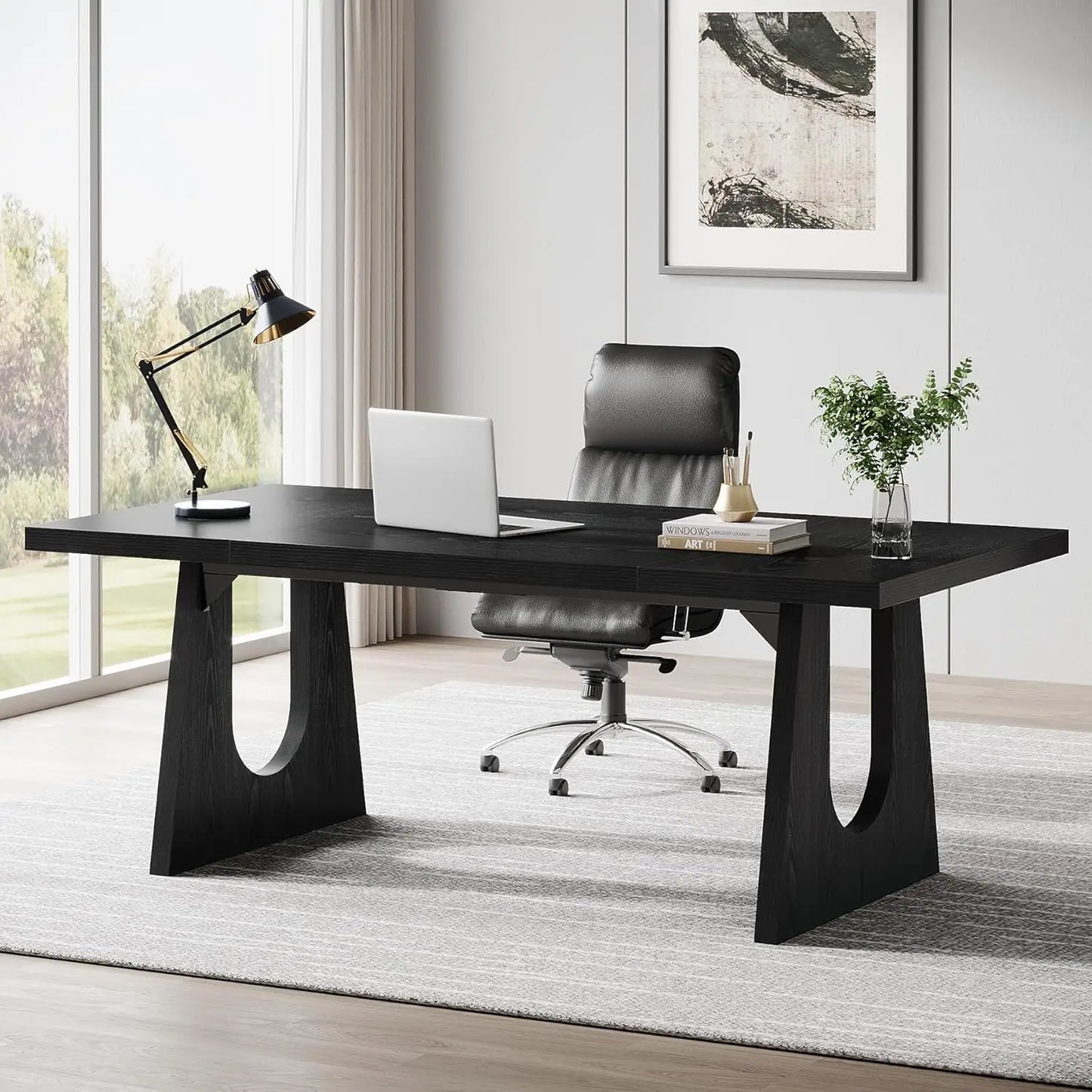 70.86 Inch Large Executive Desk Modern Rectangle Computer Office Desk with Double Wood Pedestal for Home Office Writing Table Assembly Required
