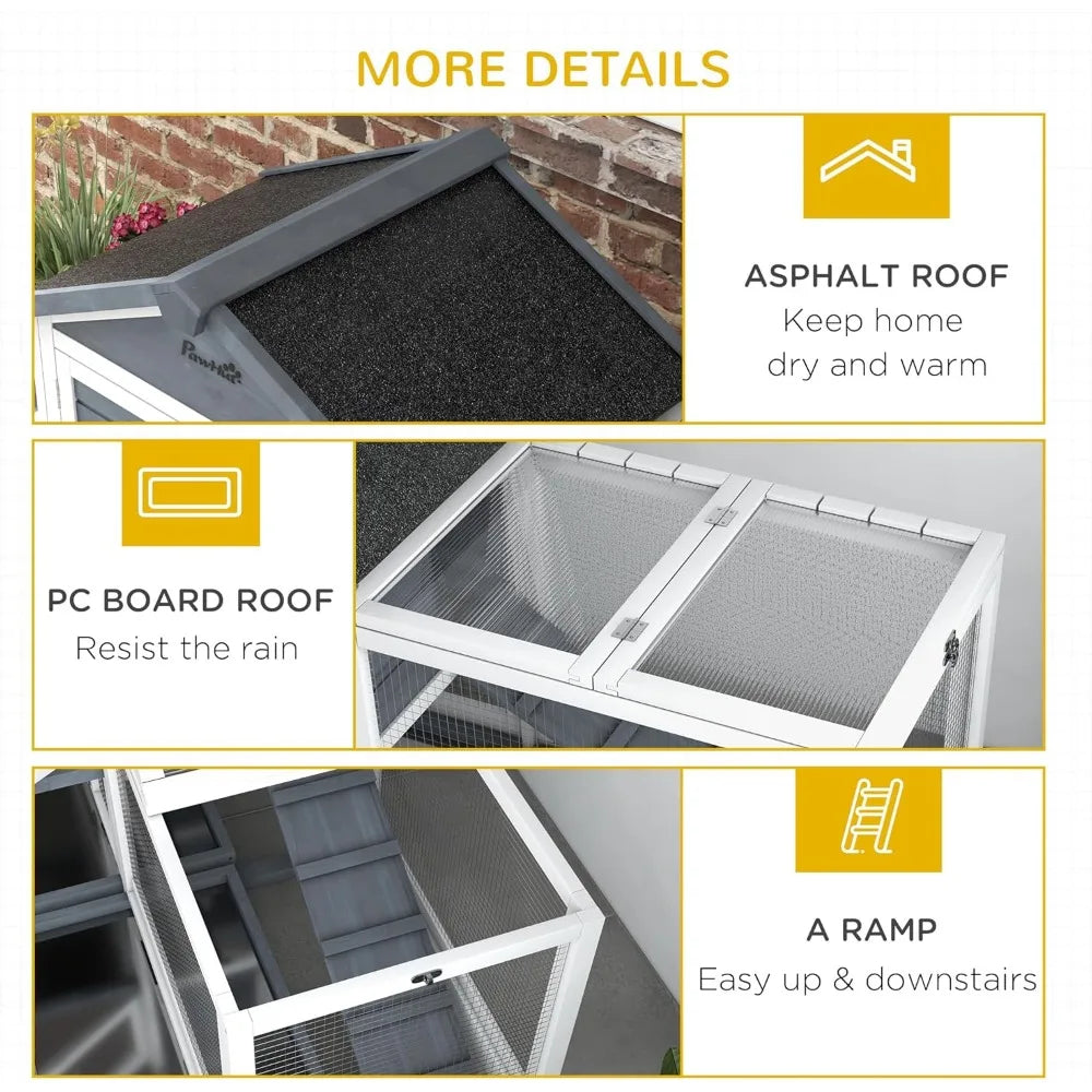 65" Wooden Rabbit Hutch with Openable Roof And Wheels Guinea Pig Playpen Bunny House Enclosure Breathable Pet Storage Box Cat Bed